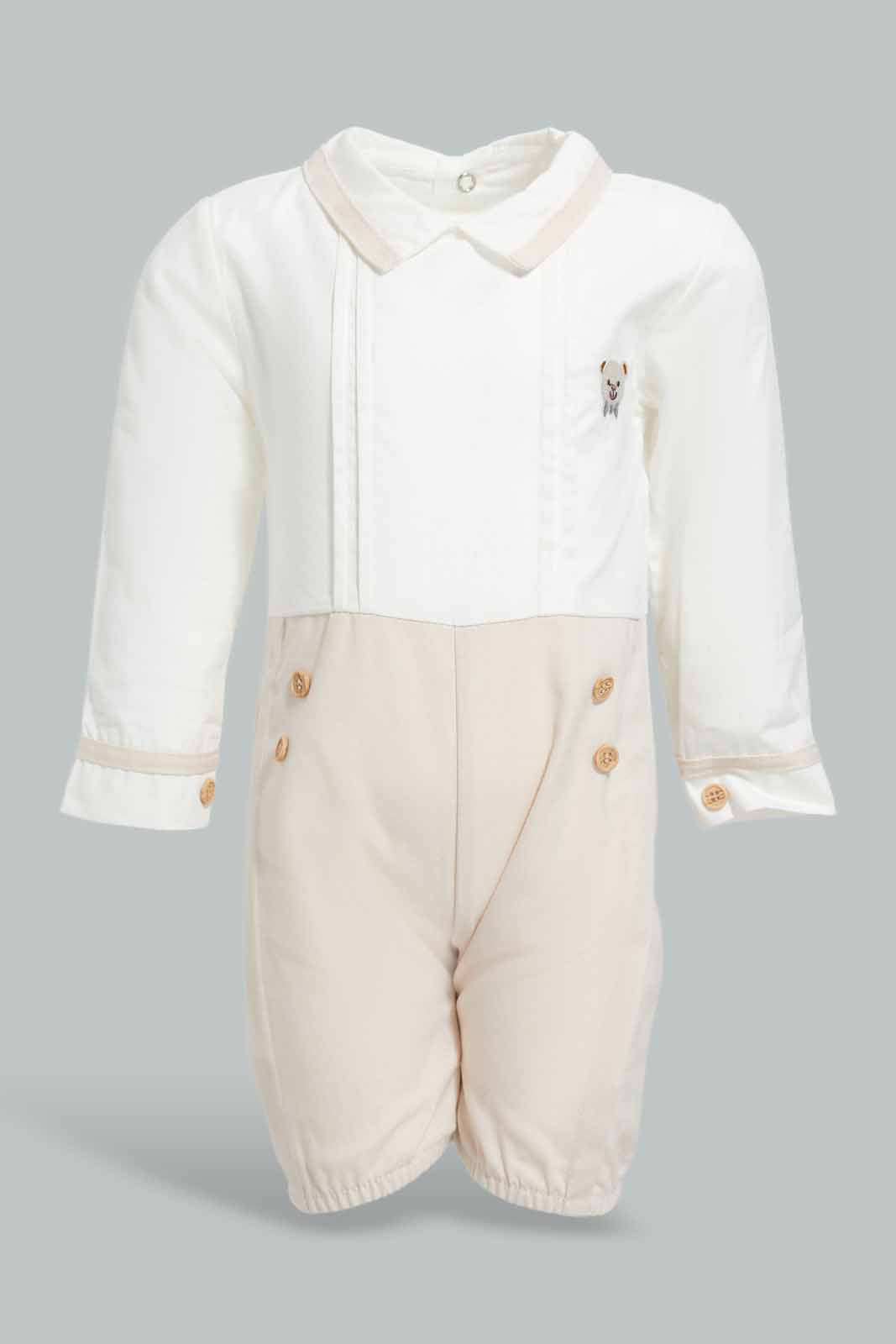 Redtag-Beige-And-White-Pintuck-Shirt-Collar-Romper-APL,-Category:Sleepsuits,-Colour:Beige,-Deals:New-In,-Festive,-Filter:Baby-(0-to-12-Mths),-NBB-Sleepsuits,-New-In-NBB-APL,-Non-Sale,-Section:Boys-(0-to-14Yrs),-W22O-Baby-0 to 12 Months