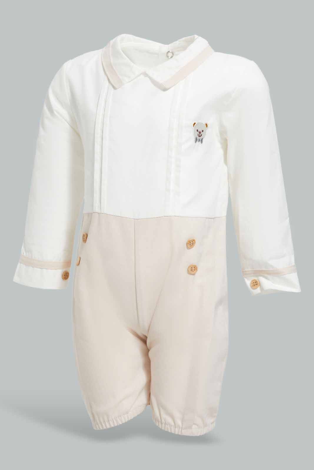 Redtag-Beige-And-White-Pintuck-Shirt-Collar-Romper-APL,-Category:Sleepsuits,-Colour:Beige,-Deals:New-In,-Festive,-Filter:Baby-(0-to-12-Mths),-NBB-Sleepsuits,-New-In-NBB-APL,-Non-Sale,-Section:Boys-(0-to-14Yrs),-W22O-Baby-0 to 12 Months