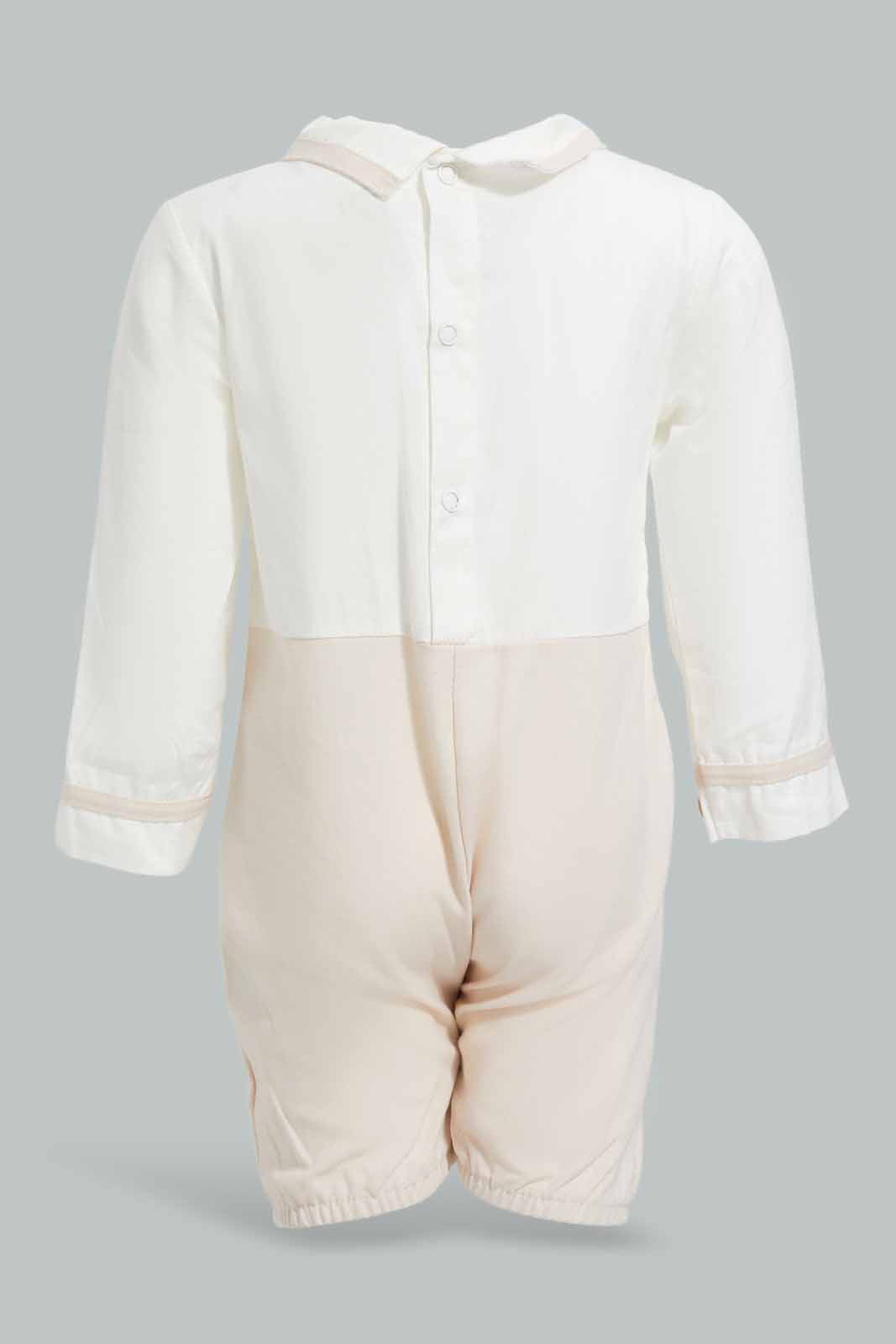 Redtag-Beige-And-White-Pintuck-Shirt-Collar-Romper-APL,-Category:Sleepsuits,-Colour:Beige,-Deals:New-In,-Festive,-Filter:Baby-(0-to-12-Mths),-NBB-Sleepsuits,-New-In-NBB-APL,-Non-Sale,-Section:Boys-(0-to-14Yrs),-W22O-Baby-0 to 12 Months