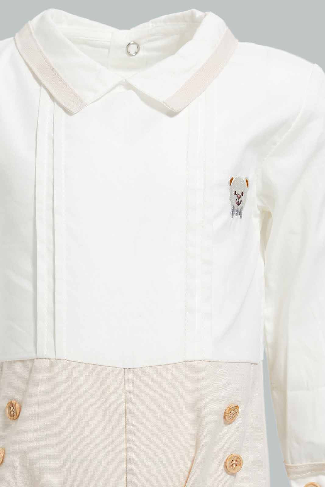 Redtag-Beige-And-White-Pintuck-Shirt-Collar-Romper-APL,-Category:Sleepsuits,-Colour:Beige,-Deals:New-In,-Festive,-Filter:Baby-(0-to-12-Mths),-NBB-Sleepsuits,-New-In-NBB-APL,-Non-Sale,-Section:Boys-(0-to-14Yrs),-W22O-Baby-0 to 12 Months