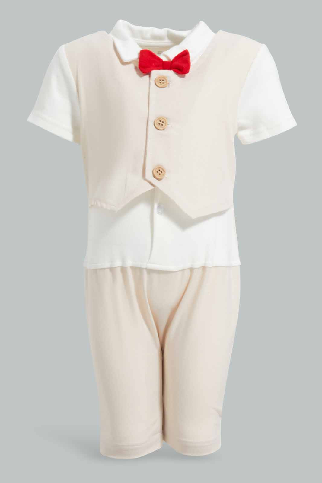 Redtag-Beige-Waist-Coat-Romper-APL,-Category:Sleepsuits,-Colour:Beige,-Deals:New-In,-Festive,-Filter:Baby-(0-to-12-Mths),-NBB-Sleepsuits,-New-In-NBB-APL,-Non-Sale,-Section:Boys-(0-to-14Yrs),-W22O-Baby-0 to 12 Months