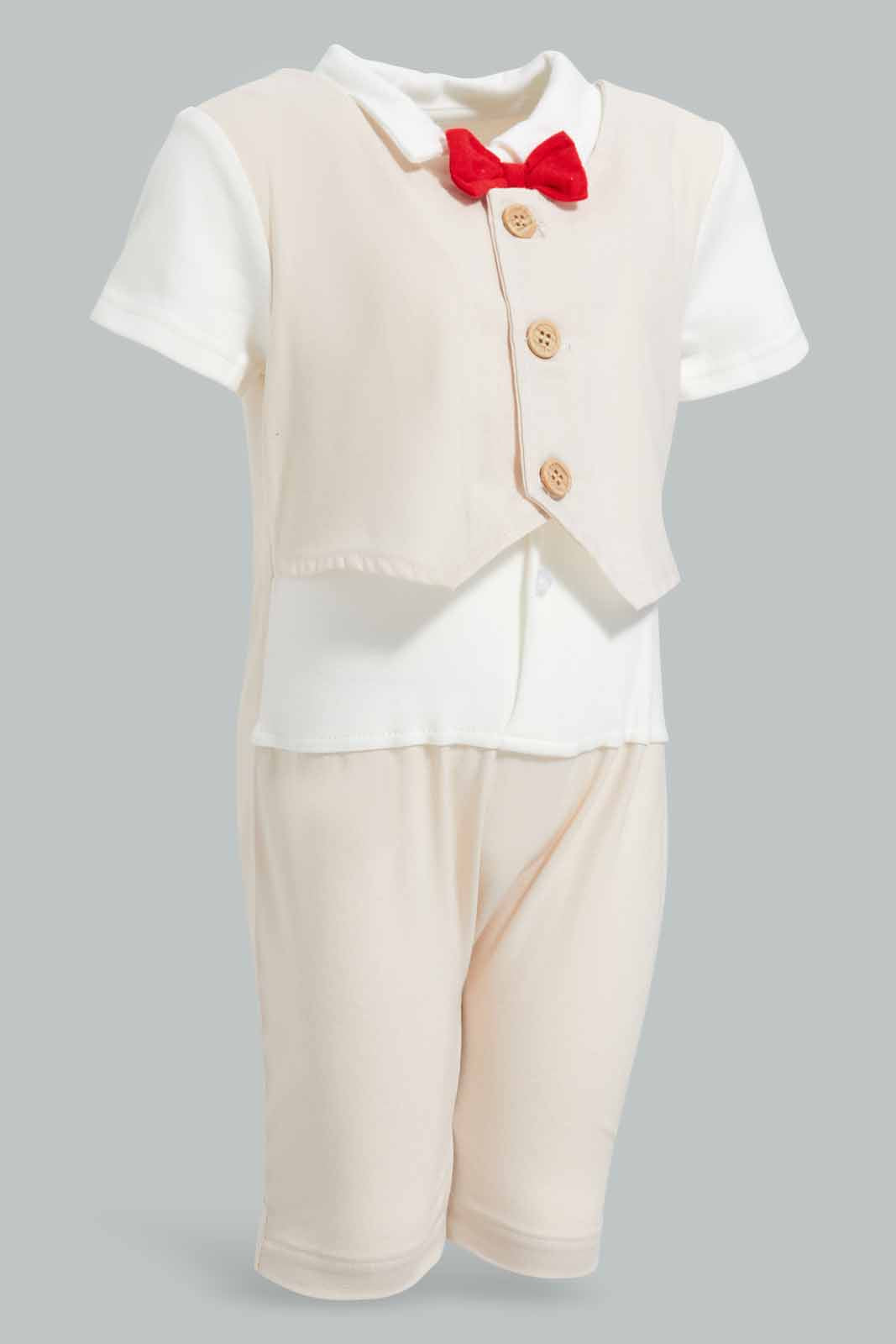 Redtag-Beige-Waist-Coat-Romper-APL,-Category:Sleepsuits,-Colour:Beige,-Deals:New-In,-Festive,-Filter:Baby-(0-to-12-Mths),-NBB-Sleepsuits,-New-In-NBB-APL,-Non-Sale,-Section:Boys-(0-to-14Yrs),-W22O-Baby-0 to 12 Months