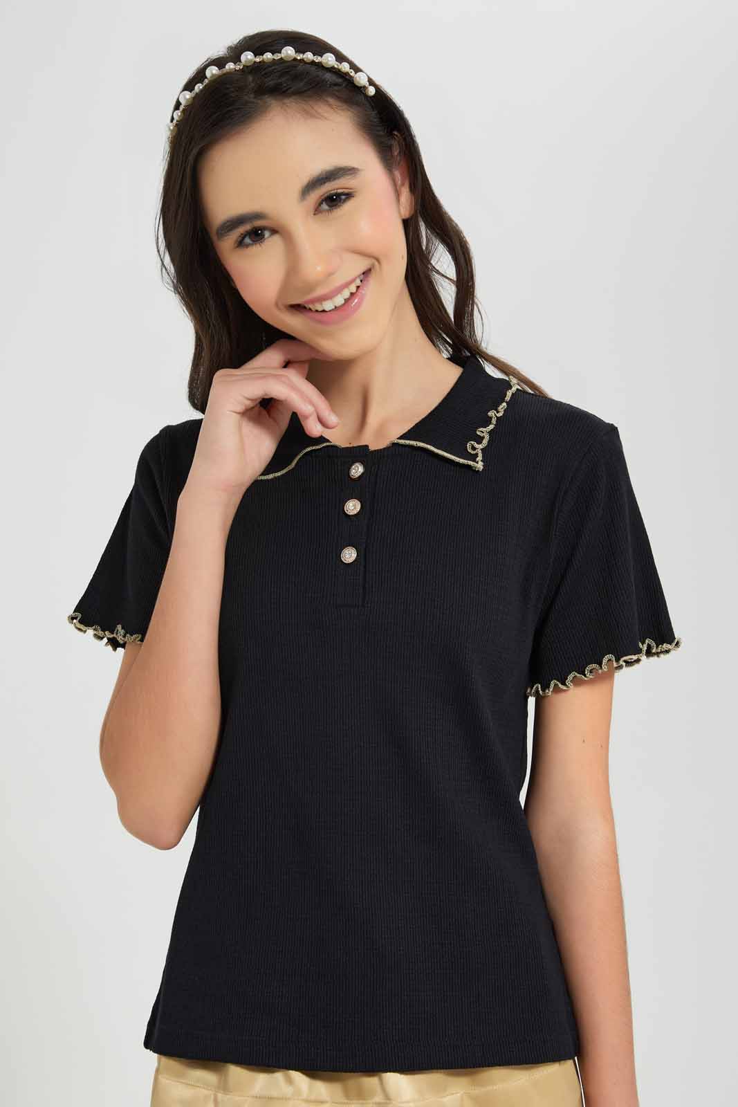 Redtag-Black-Collared-T-shirt-Category:T-Shirts,-Colour:Black,-Deals:New-In,-Festive,-Filter:Senior-Girls-(9-to-14-Yrs),-GSR-T-Shirts,-New-In-GSR-APL,-Non-Sale,-Section:Girls-(0-to-14Yrs),-W22O-Senior-Girls-9 to 14 Years