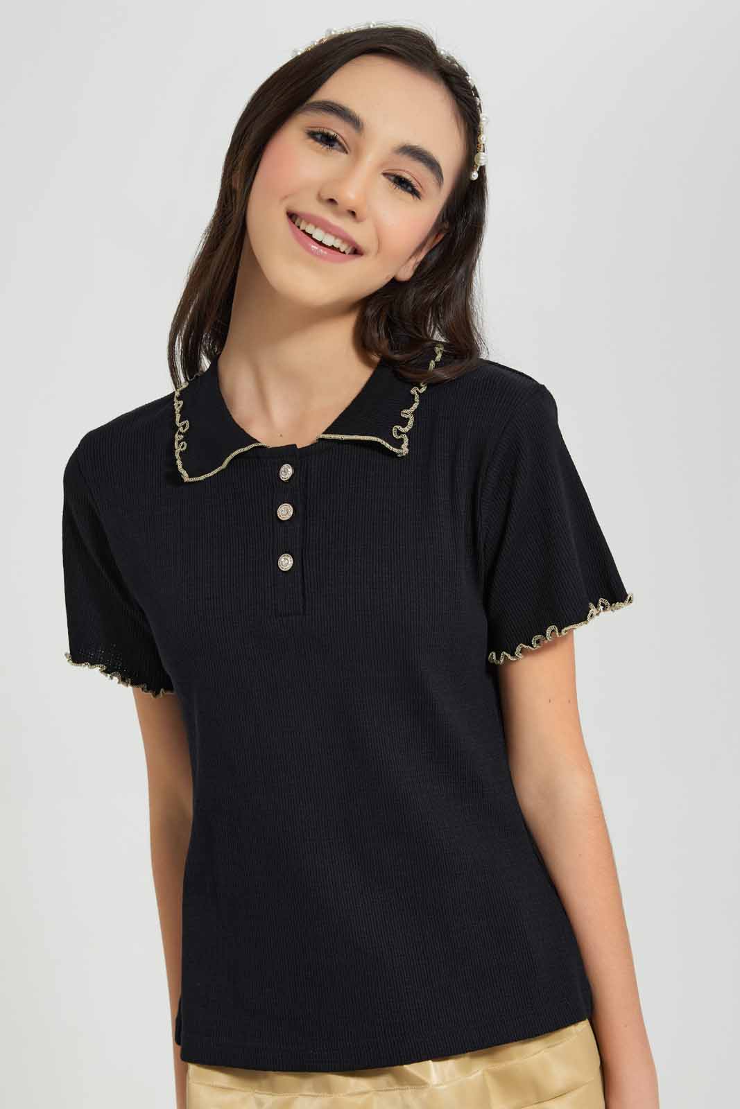 Redtag-Black-Collared-T-shirt-Category:T-Shirts,-Colour:Black,-Deals:New-In,-Festive,-Filter:Senior-Girls-(9-to-14-Yrs),-GSR-T-Shirts,-New-In-GSR-APL,-Non-Sale,-Section:Girls-(0-to-14Yrs),-W22O-Senior-Girls-9 to 14 Years