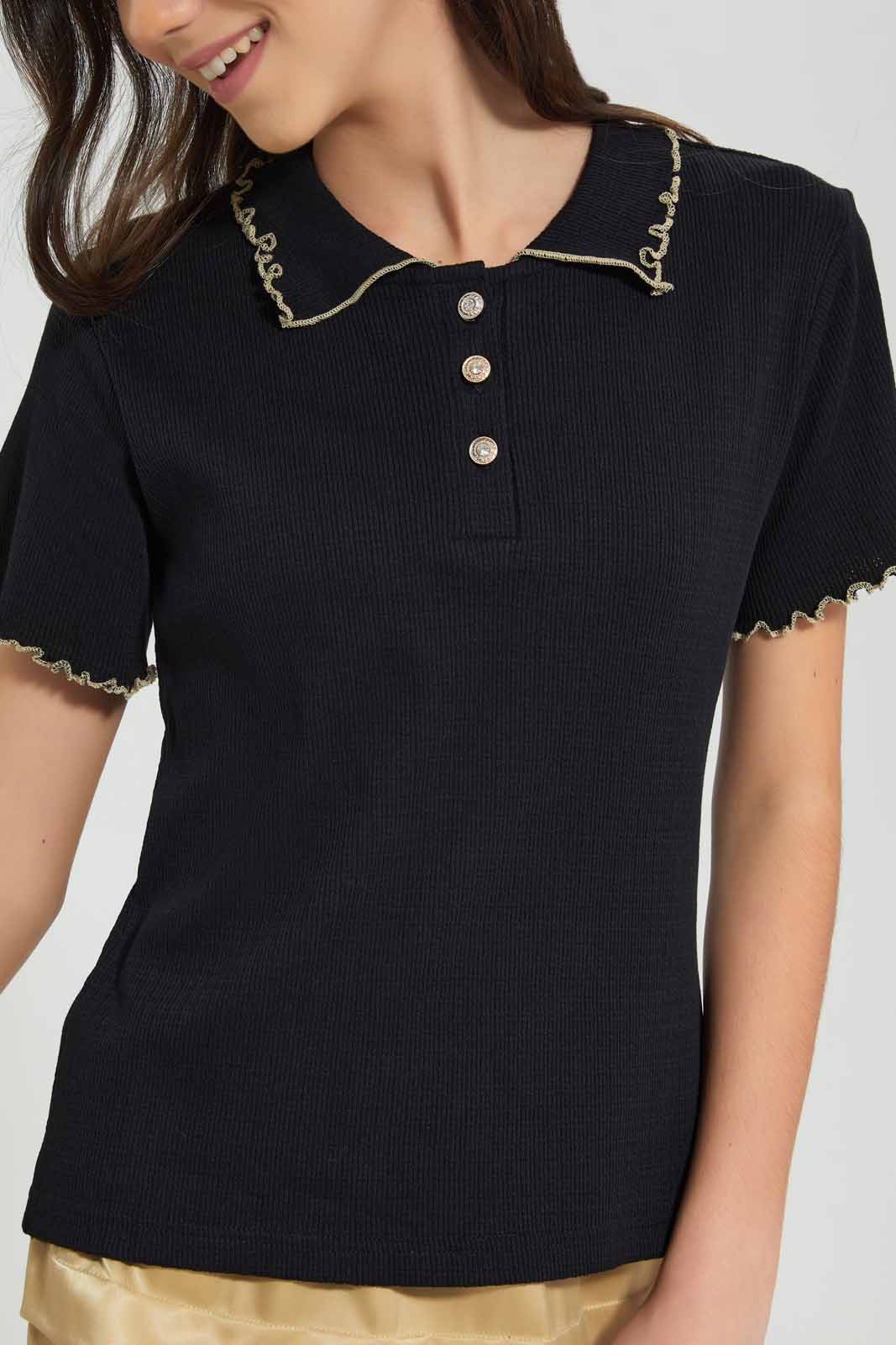 Redtag-Black-Collared-T-shirt-Category:T-Shirts,-Colour:Black,-Deals:New-In,-Festive,-Filter:Senior-Girls-(9-to-14-Yrs),-GSR-T-Shirts,-New-In-GSR-APL,-Non-Sale,-Section:Girls-(0-to-14Yrs),-W22O-Senior-Girls-9 to 14 Years
