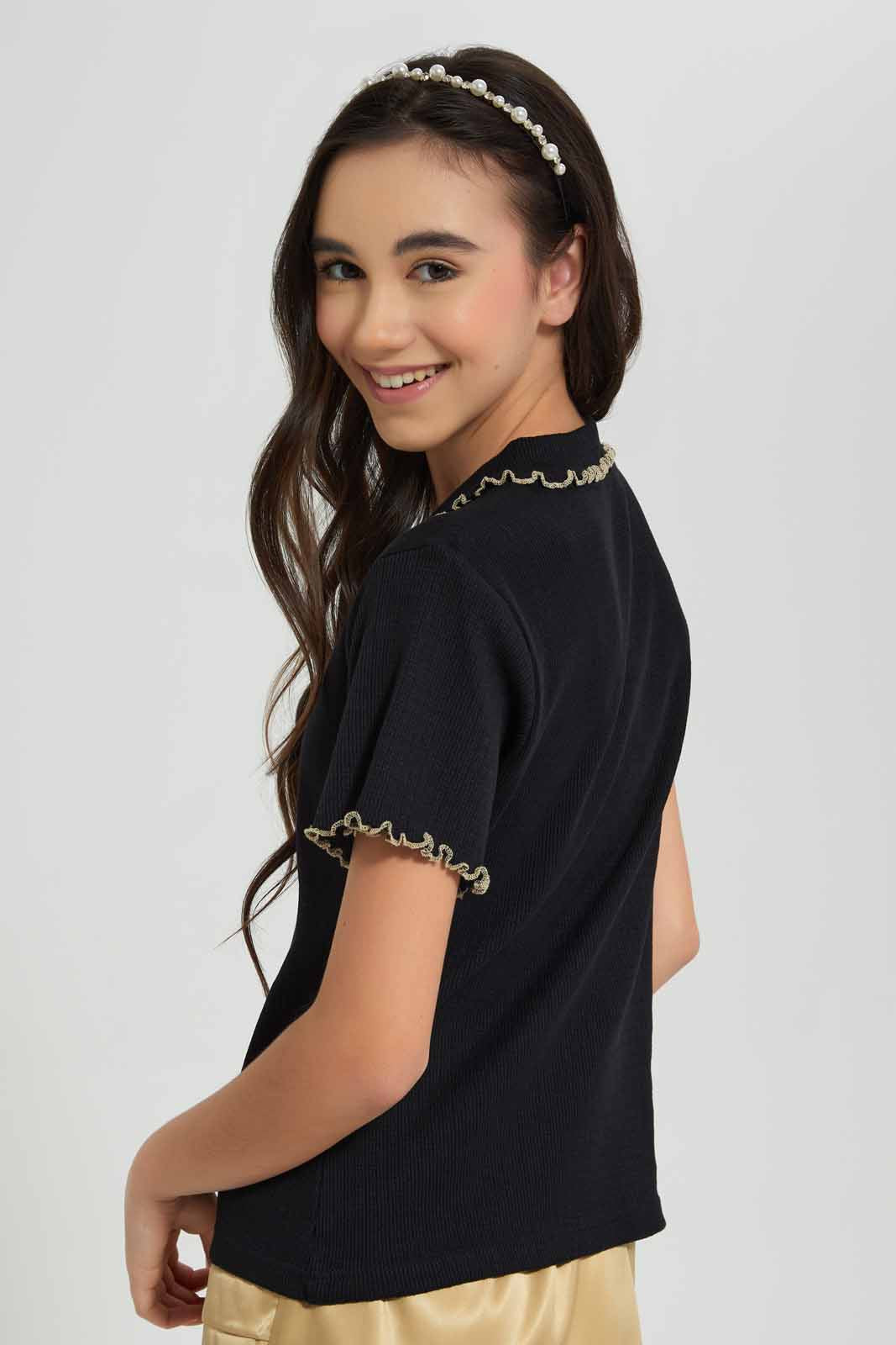 Redtag-Black-Collared-T-shirt-Category:T-Shirts,-Colour:Black,-Deals:New-In,-Festive,-Filter:Senior-Girls-(9-to-14-Yrs),-GSR-T-Shirts,-New-In-GSR-APL,-Non-Sale,-Section:Girls-(0-to-14Yrs),-W22O-Senior-Girls-9 to 14 Years