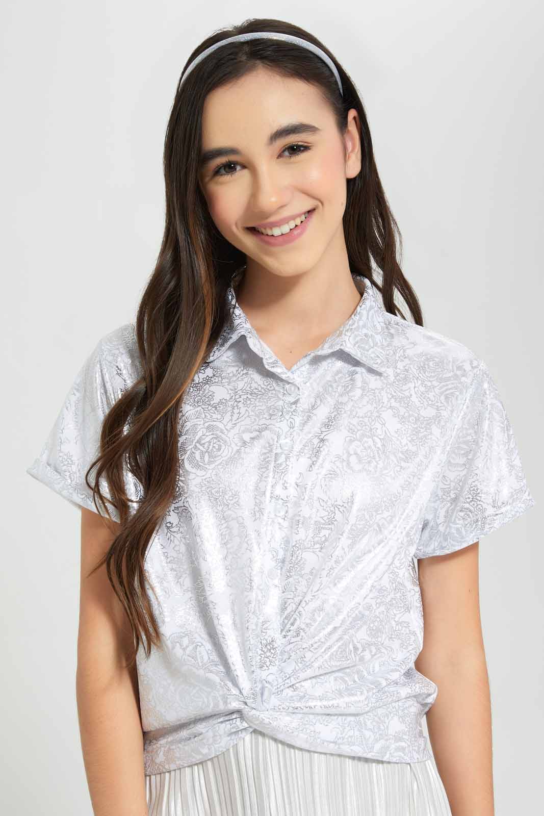 Redtag-Silver-Metallic-Foil-Collared-Top-Category:T-Shirts,-Colour:Silver,-Deals:New-In,-Festive,-Filter:Senior-Girls-(9-to-14-Yrs),-GSR-T-Shirts,-New-In-GSR-APL,-Non-Sale,-Section:Girls-(0-to-14Yrs),-W22O-Senior-Girls-9 to 14 Years