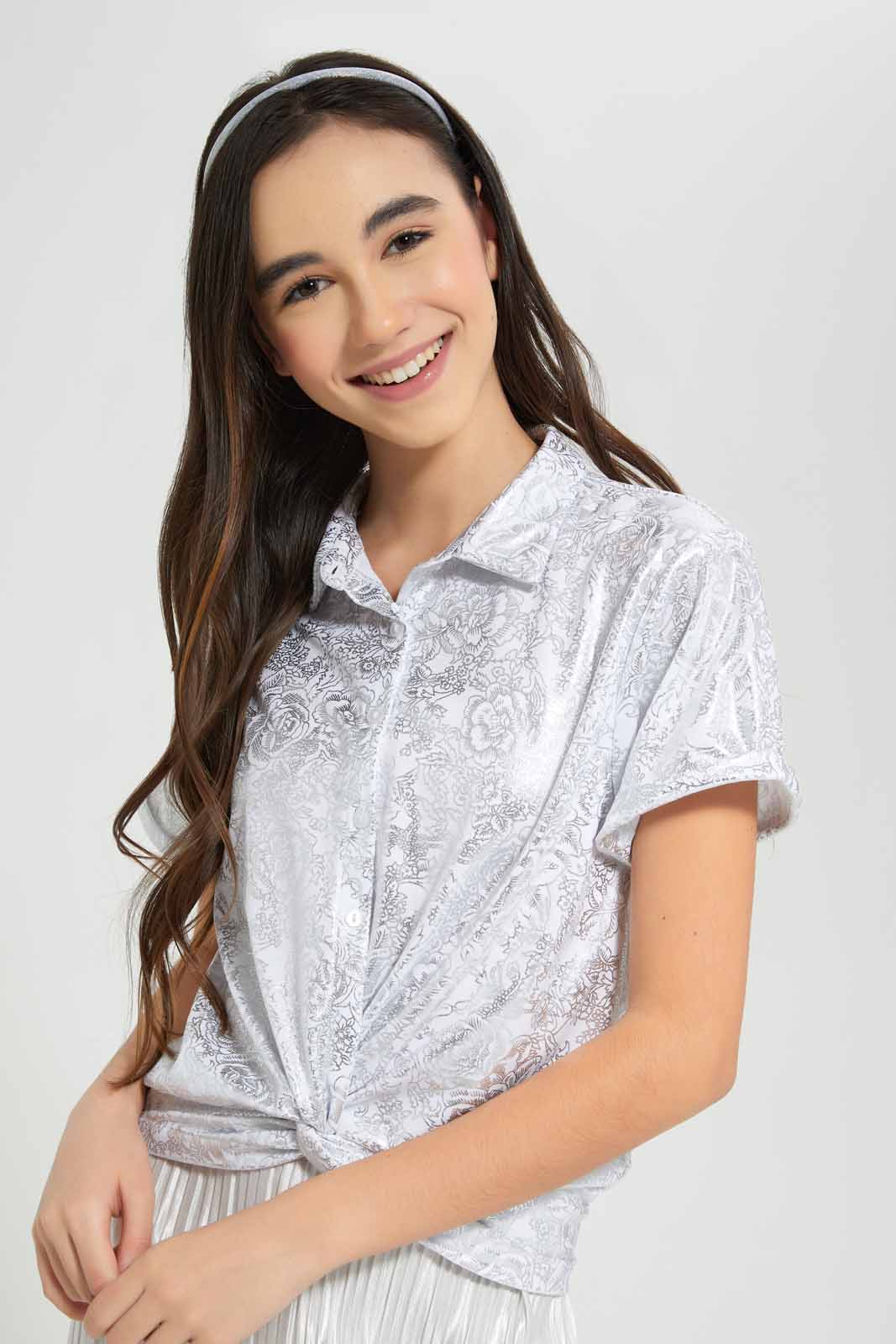 Redtag-Silver-Metallic-Foil-Collared-Top-Category:T-Shirts,-Colour:Silver,-Deals:New-In,-Festive,-Filter:Senior-Girls-(9-to-14-Yrs),-GSR-T-Shirts,-New-In-GSR-APL,-Non-Sale,-Section:Girls-(0-to-14Yrs),-W22O-Senior-Girls-9 to 14 Years