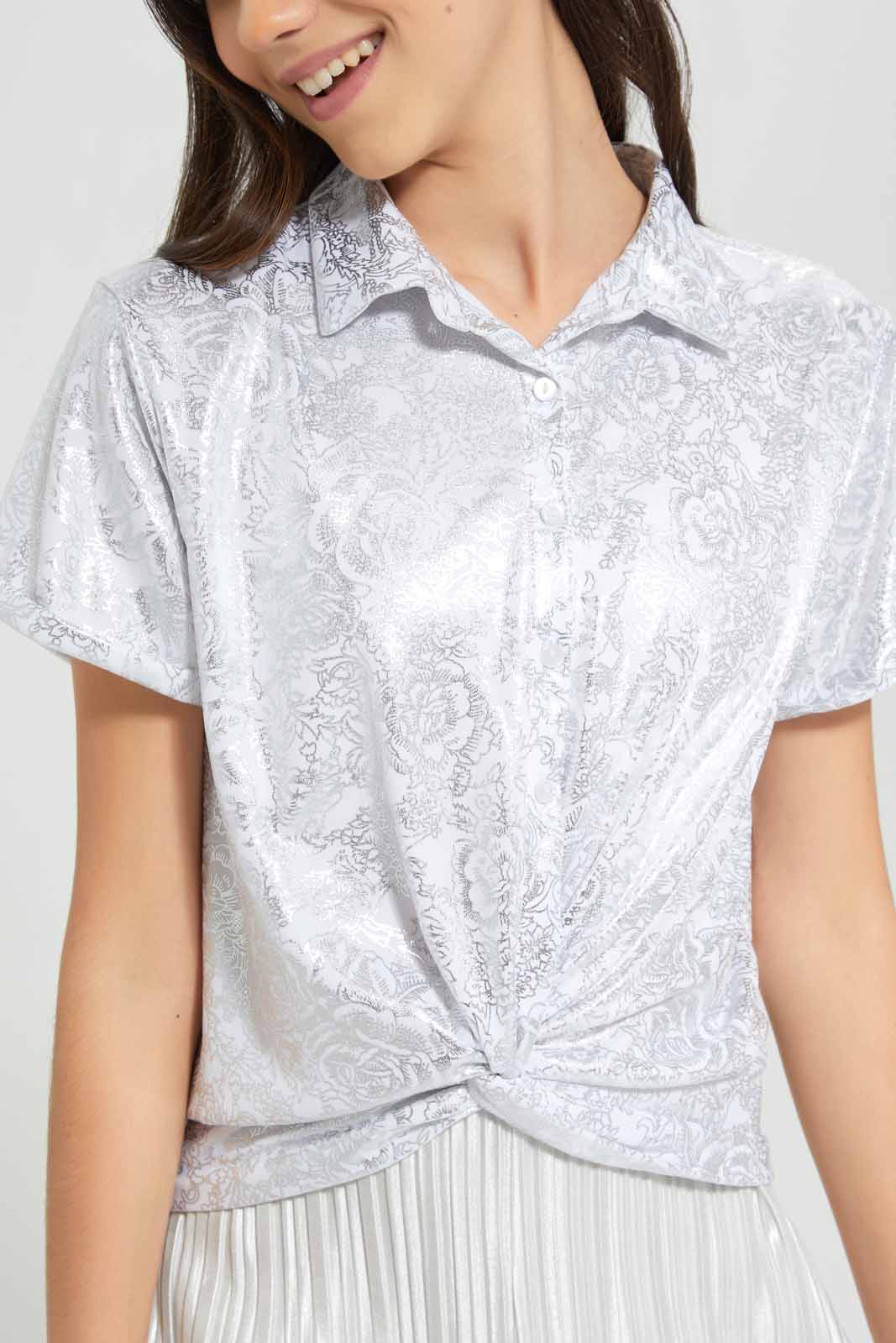 Redtag-Silver-Metallic-Foil-Collared-Top-Category:T-Shirts,-Colour:Silver,-Deals:New-In,-Festive,-Filter:Senior-Girls-(9-to-14-Yrs),-GSR-T-Shirts,-New-In-GSR-APL,-Non-Sale,-Section:Girls-(0-to-14Yrs),-W22O-Senior-Girls-9 to 14 Years