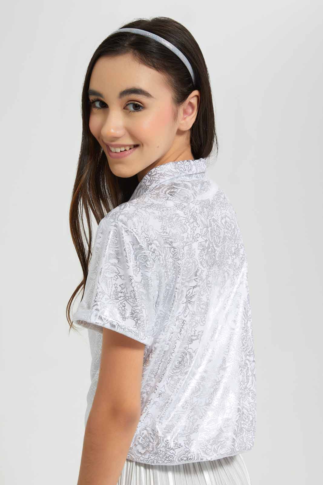 Redtag-Silver-Metallic-Foil-Collared-Top-Category:T-Shirts,-Colour:Silver,-Deals:New-In,-Festive,-Filter:Senior-Girls-(9-to-14-Yrs),-GSR-T-Shirts,-New-In-GSR-APL,-Non-Sale,-Section:Girls-(0-to-14Yrs),-W22O-Senior-Girls-9 to 14 Years