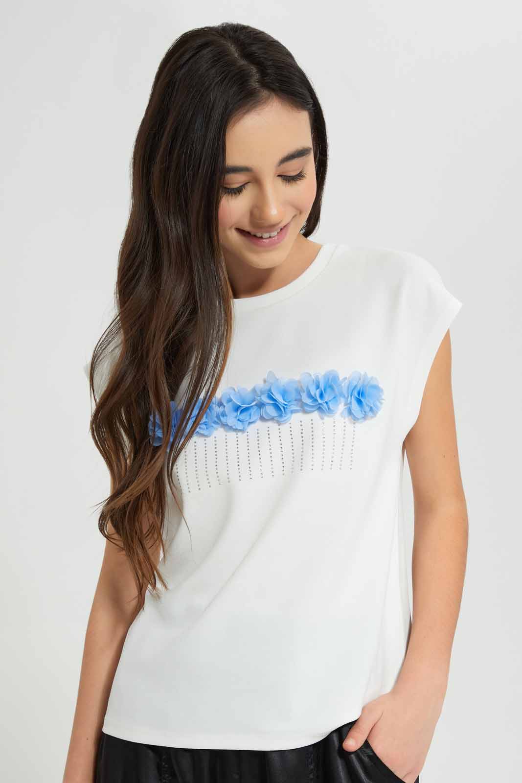 Redtag-White-Embellished-Top-Category:T-Shirts,-Colour:White,-Deals:New-In,-Festive,-Filter:Senior-Girls-(9-to-14-Yrs),-GSR-T-Shirts,-New-In-GSR-APL,-Non-Sale,-Section:Girls-(0-to-14Yrs),-W22O-Senior-Girls-9 to 14 Years