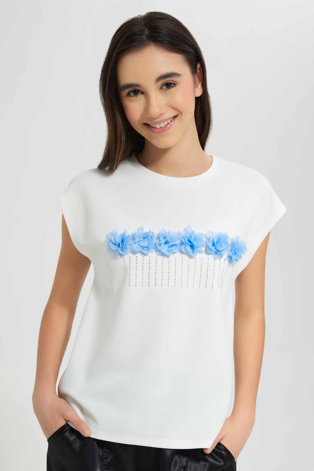 Redtag-White-Embellished-Top-Category:T-Shirts,-Colour:White,-Deals:New-In,-Festive,-Filter:Senior-Girls-(9-to-14-Yrs),-GSR-T-Shirts,-New-In-GSR-APL,-Non-Sale,-Section:Girls-(0-to-14Yrs),-W22O-Senior-Girls-9 to 14 Years