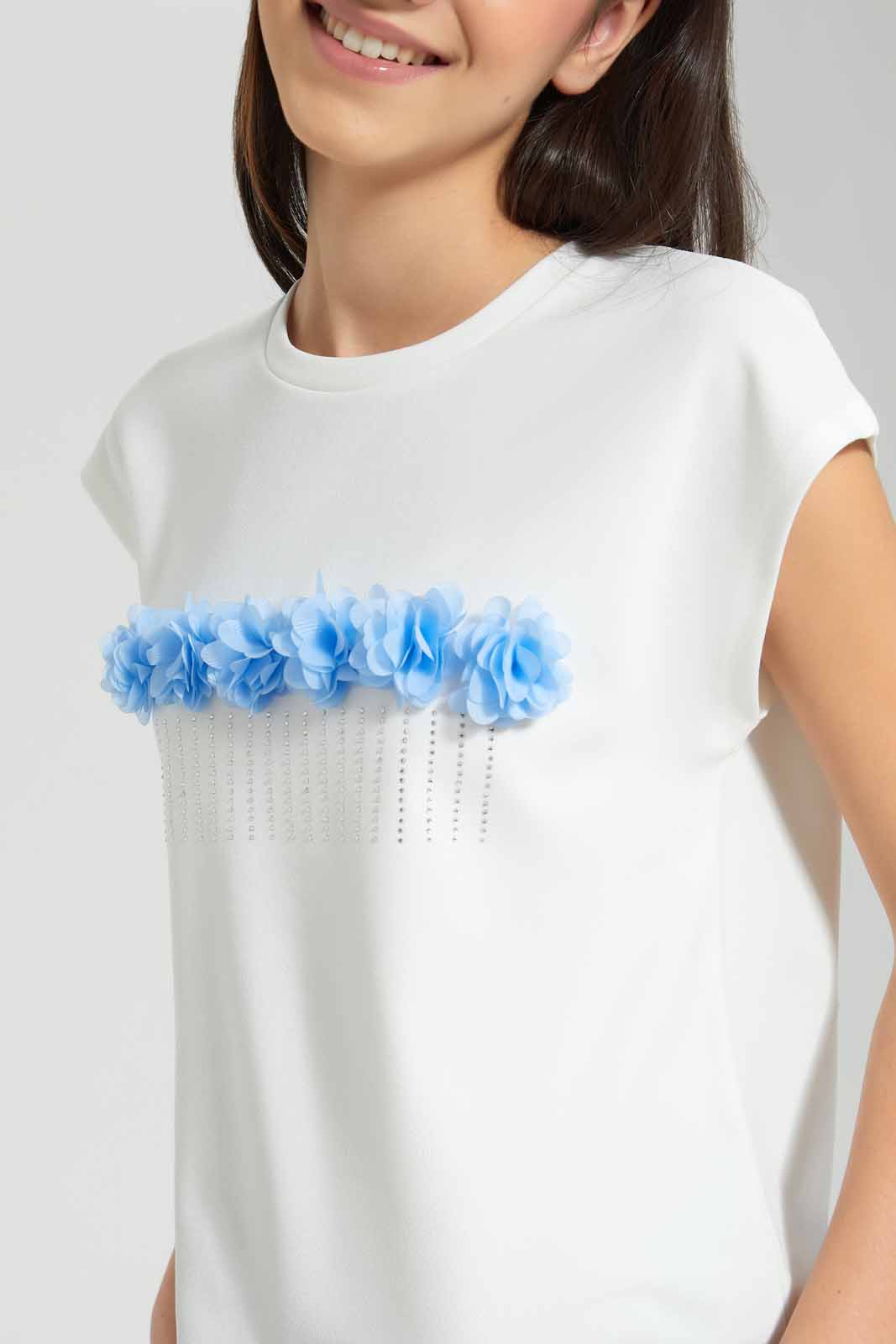 Redtag-White-Embellished-Top-Category:T-Shirts,-Colour:White,-Deals:New-In,-Festive,-Filter:Senior-Girls-(9-to-14-Yrs),-GSR-T-Shirts,-New-In-GSR-APL,-Non-Sale,-Section:Girls-(0-to-14Yrs),-W22O-Senior-Girls-9 to 14 Years
