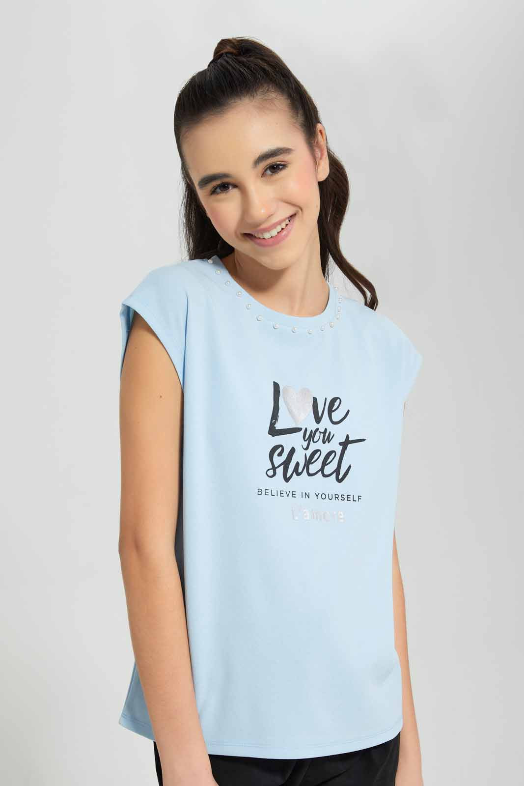 Redtag-Lt-Blue-Embellished-Top-Category:T-Shirts,-Colour:Blue,-Deals:New-In,-Festive,-Filter:Senior-Girls-(9-to-14-Yrs),-GSR-T-Shirts,-New-In-GSR-APL,-Non-Sale,-Section:Girls-(0-to-14Yrs),-W22O-Senior-Girls-9 to 14 Years