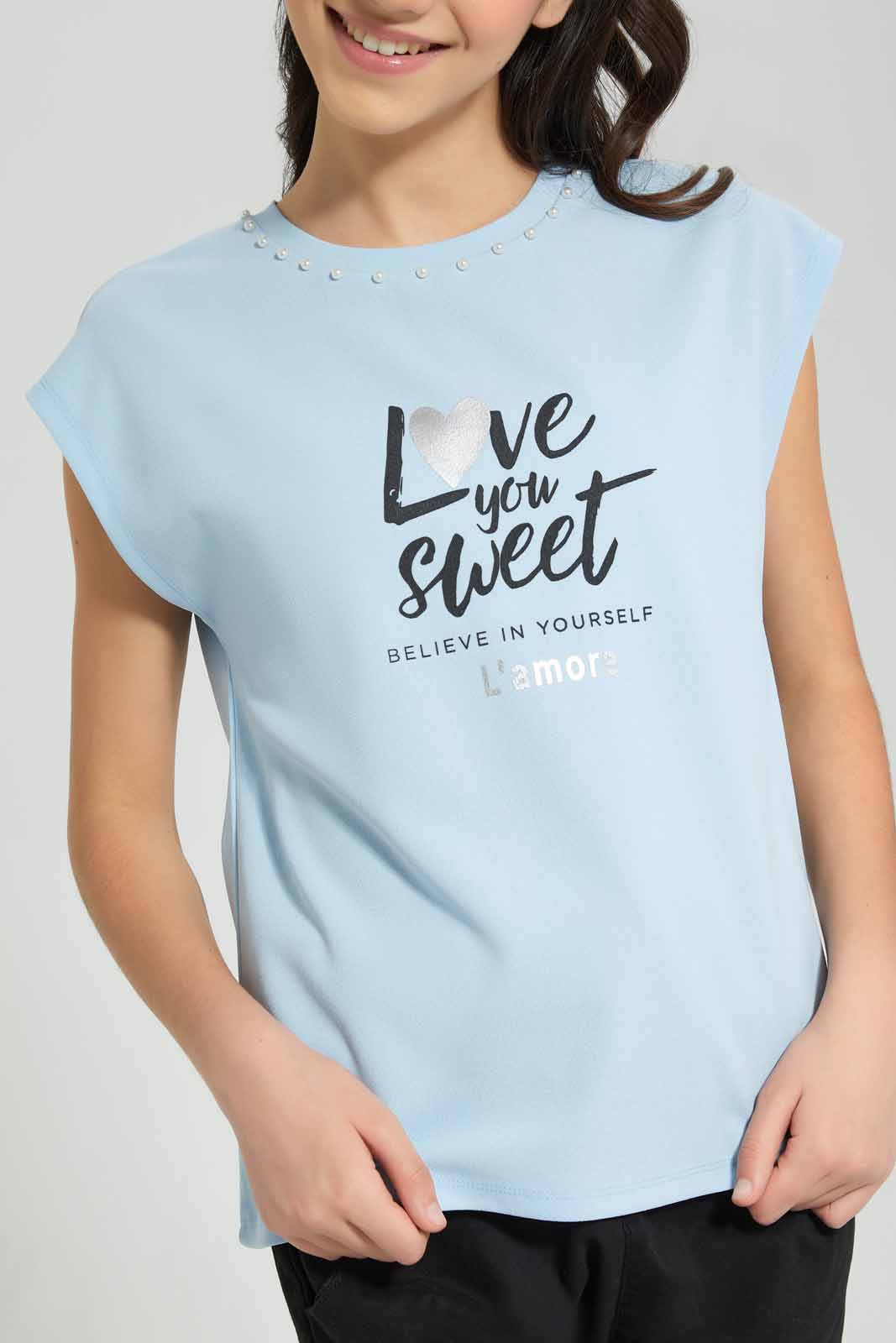 Redtag-Lt-Blue-Embellished-Top-Category:T-Shirts,-Colour:Blue,-Deals:New-In,-Festive,-Filter:Senior-Girls-(9-to-14-Yrs),-GSR-T-Shirts,-New-In-GSR-APL,-Non-Sale,-Section:Girls-(0-to-14Yrs),-W22O-Senior-Girls-9 to 14 Years