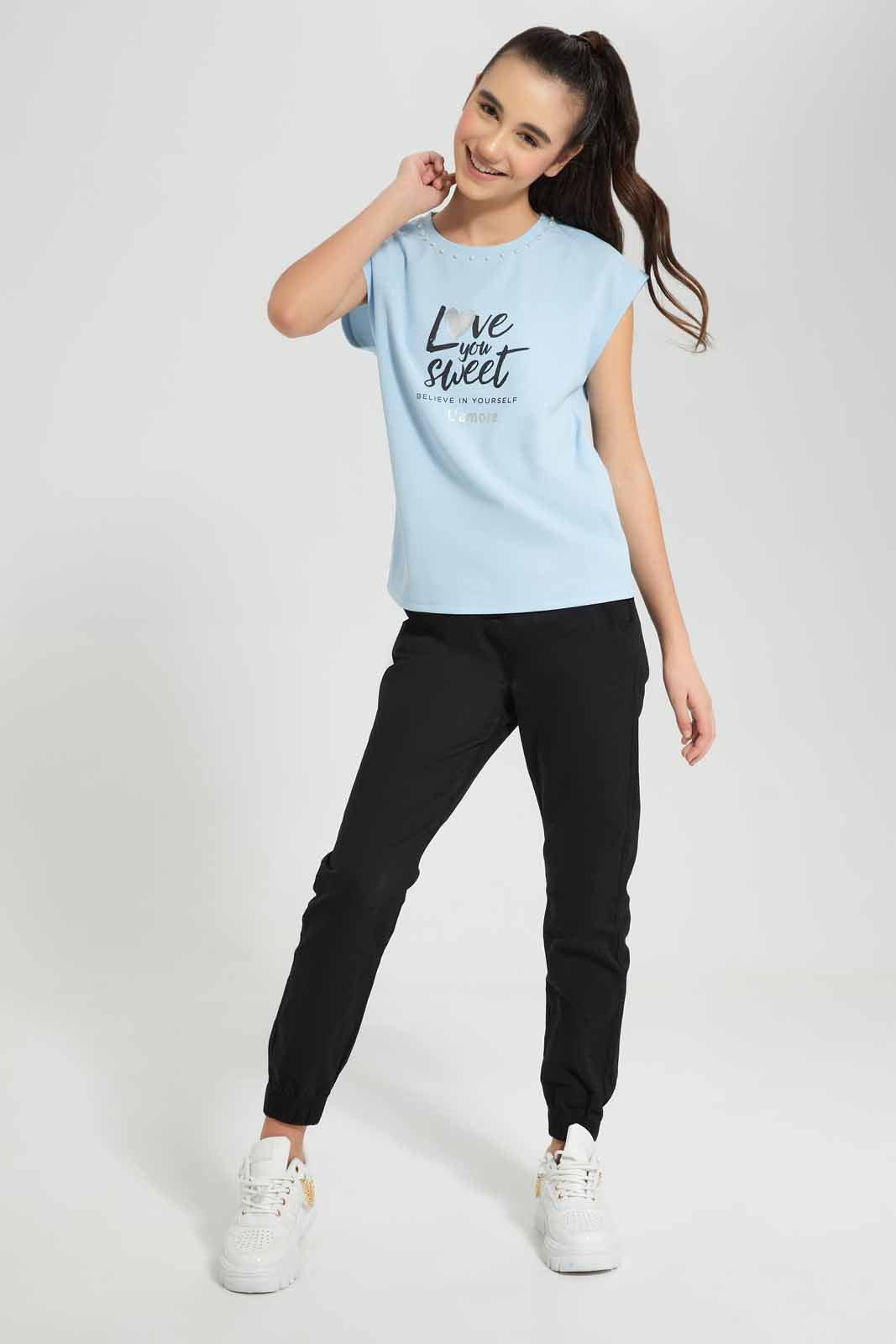 Redtag-Lt-Blue-Embellished-Top-Category:T-Shirts,-Colour:Blue,-Deals:New-In,-Festive,-Filter:Senior-Girls-(9-to-14-Yrs),-GSR-T-Shirts,-New-In-GSR-APL,-Non-Sale,-Section:Girls-(0-to-14Yrs),-W22O-Senior-Girls-9 to 14 Years