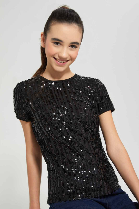 Redtag-Black-Sequin-Top-Category:T-Shirts,-Colour:Black,-Deals:New-In,-Festive,-Filter:Senior-Girls-(9-to-14-Yrs),-GSR-T-Shirts,-New-In-GSR-APL,-Non-Sale,-Section:Girls-(0-to-14Yrs),-W22O-Senior-Girls-9 to 14 Years
