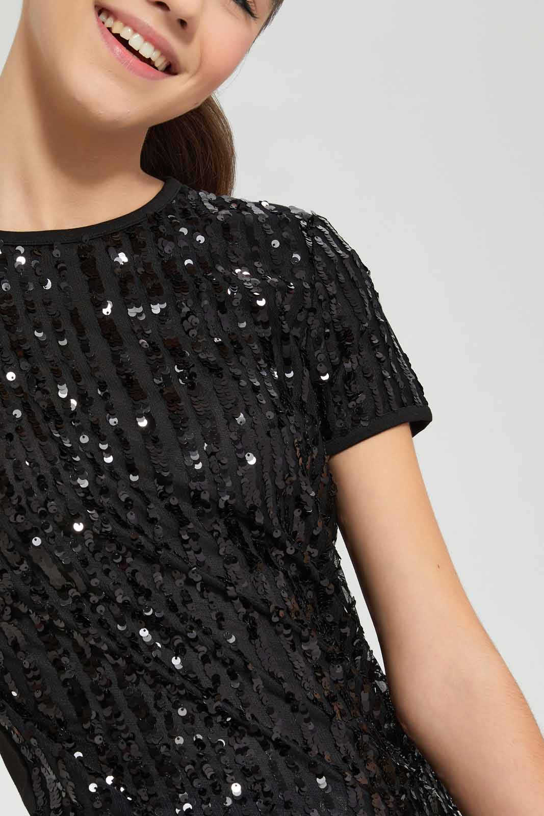 Redtag-Black-Sequin-Top-Category:T-Shirts,-Colour:Black,-Deals:New-In,-Festive,-Filter:Senior-Girls-(9-to-14-Yrs),-GSR-T-Shirts,-New-In-GSR-APL,-Non-Sale,-Section:Girls-(0-to-14Yrs),-W22O-Senior-Girls-9 to 14 Years