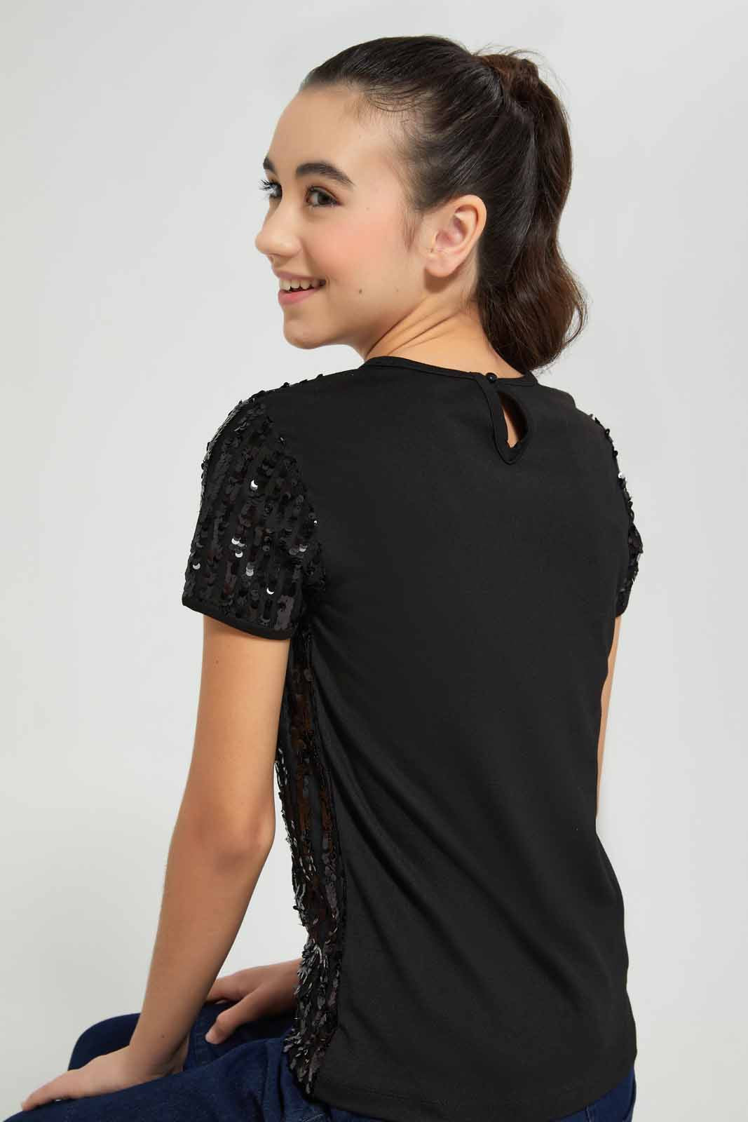 Redtag-Black-Sequin-Top-Category:T-Shirts,-Colour:Black,-Deals:New-In,-Festive,-Filter:Senior-Girls-(9-to-14-Yrs),-GSR-T-Shirts,-New-In-GSR-APL,-Non-Sale,-Section:Girls-(0-to-14Yrs),-W22O-Senior-Girls-9 to 14 Years