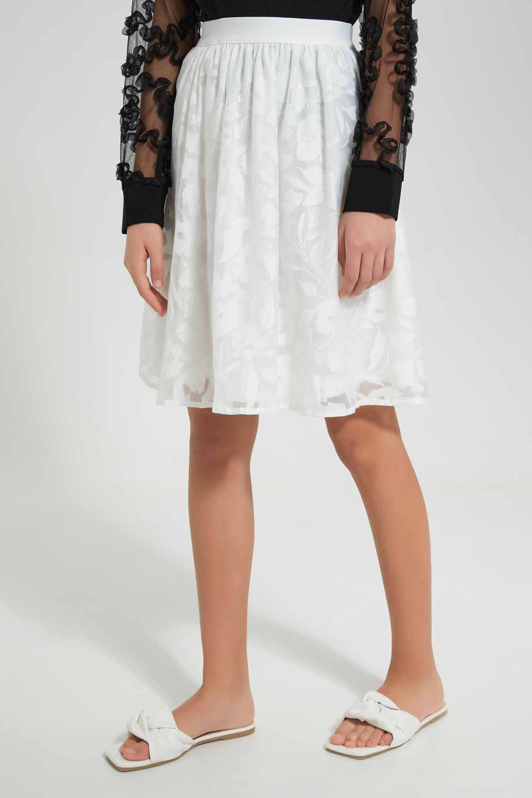 Redtag-White-Organza-Skirt-with-Burnout-Print-Category:Skirts,-Colour:White,-Deals:New-In,-Festive,-Filter:Senior-Girls-(9-to-14-Yrs),-GSR-Skirts,-New-In-GSR-APL,-Non-Sale,-Section:Girls-(0-to-14Yrs),-W22O-Senior-Girls-9 to 14 Years