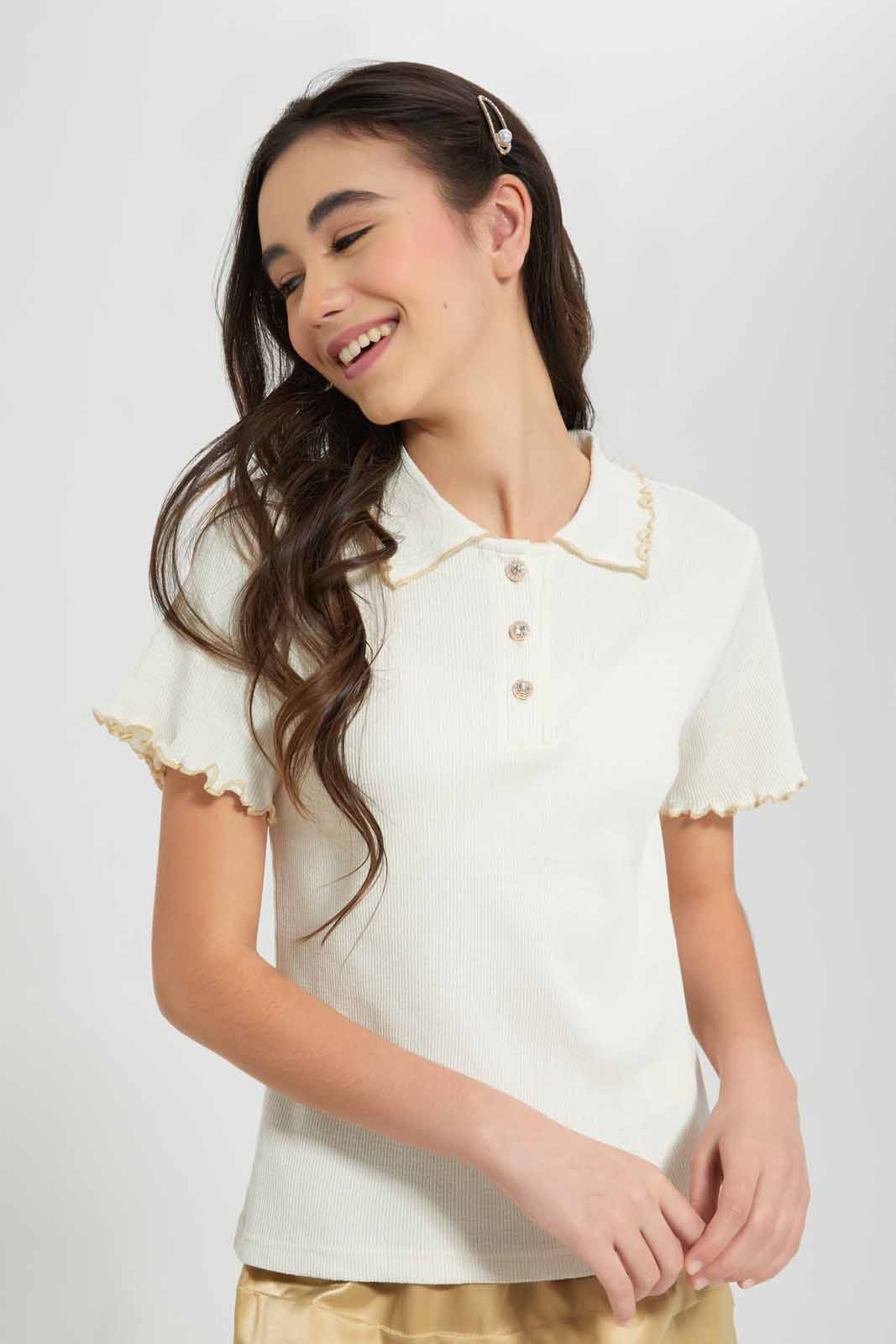 Senior Girls Cream Collared T-shirt