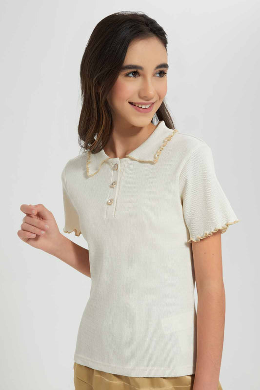 Senior Girls Cream Collared T-shirt
