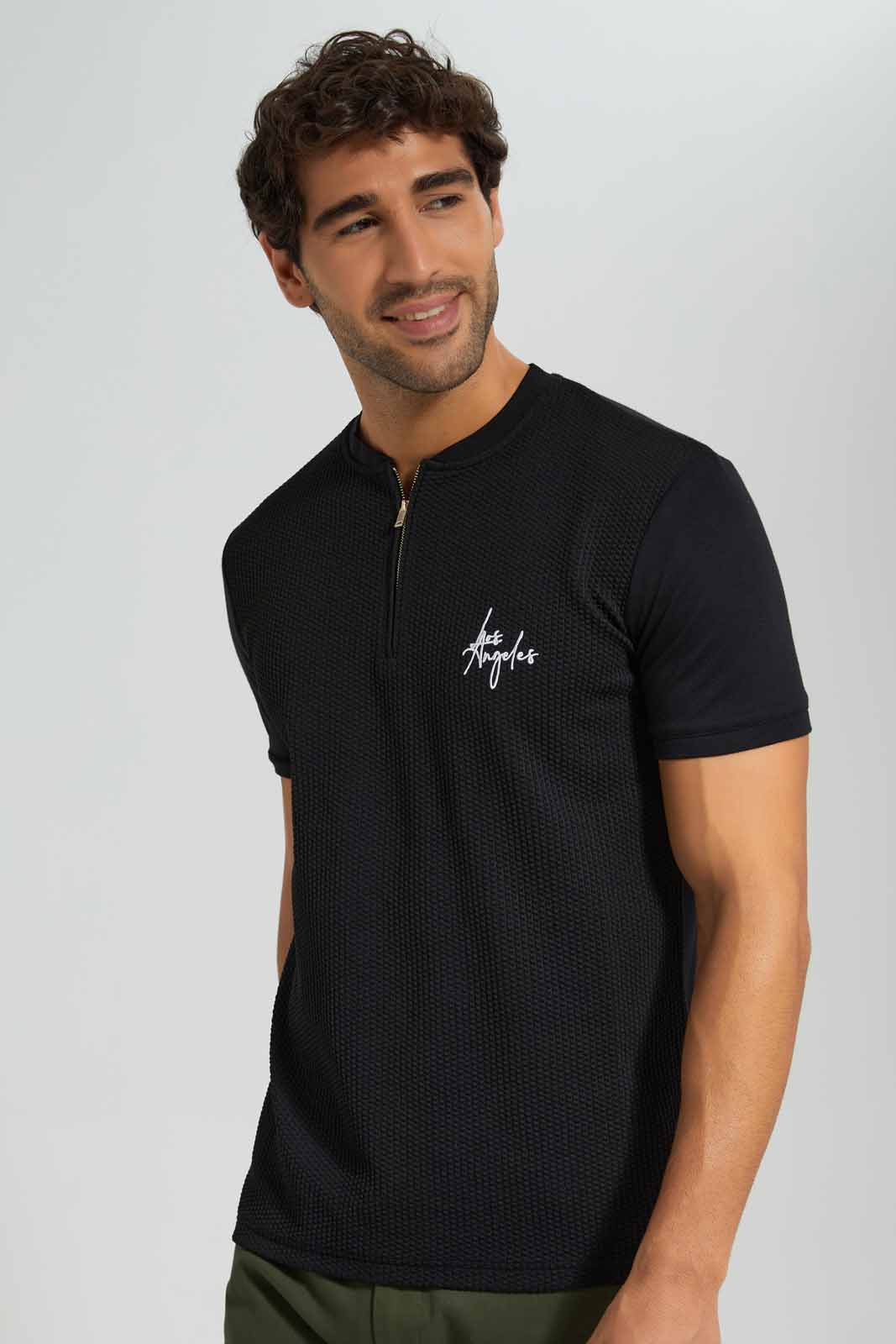 Redtag-Black-Zip-Placket-T-Shirt-Category:T-Shirts,-Colour:Black,-Deals:New-In,-EID,-Filter:Men's-Clothing,-Men-T-Shirts,-New-In-Men,-Non-Sale,-Section:Men,-W22O-Men's-