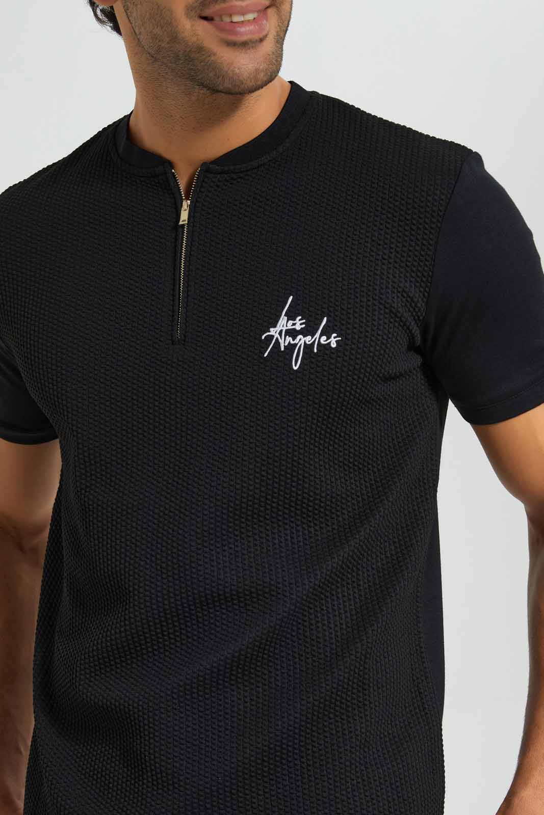 Redtag-Black-Zip-Placket-T-Shirt-Category:T-Shirts,-Colour:Black,-Deals:New-In,-EID,-Filter:Men's-Clothing,-Men-T-Shirts,-New-In-Men,-Non-Sale,-Section:Men,-W22O-Men's-