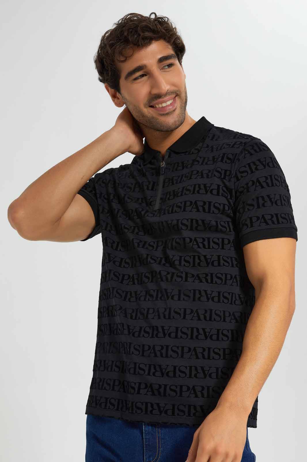 Redtag-Black-Printed-Flock-Print-Polo-Shirt-Category:Polo-T-Shirts,-Colour:Black,-Deals:New-In,-EID,-Filter:Men's-Clothing,-Men-Polo-T-Shirts,-New-In-Men,-Non-Sale,-Section:Men,-W22O-Men's-