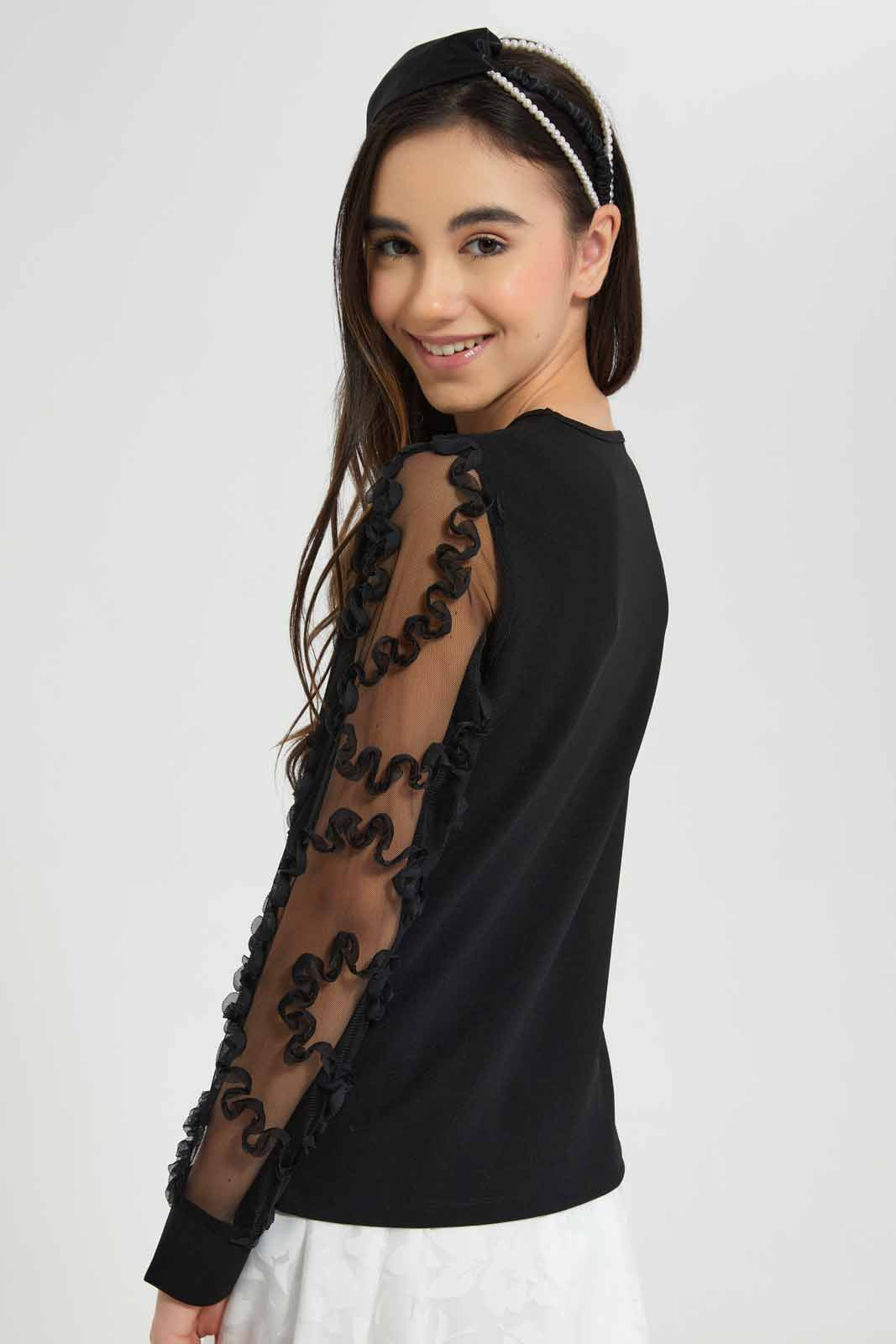 Redtag-Black-Organza-Sleeve-Top-Category:Blouses,-Colour:Black,-Deals:New-In,-Festive,-Filter:Senior-Girls-(9-to-14-Yrs),-GSR-Blouses,-New-In-GSR-APL,-Non-Sale,-Section:Girls-(0-to-14Yrs),-W22O-Senior-Girls-9 to 14 Years