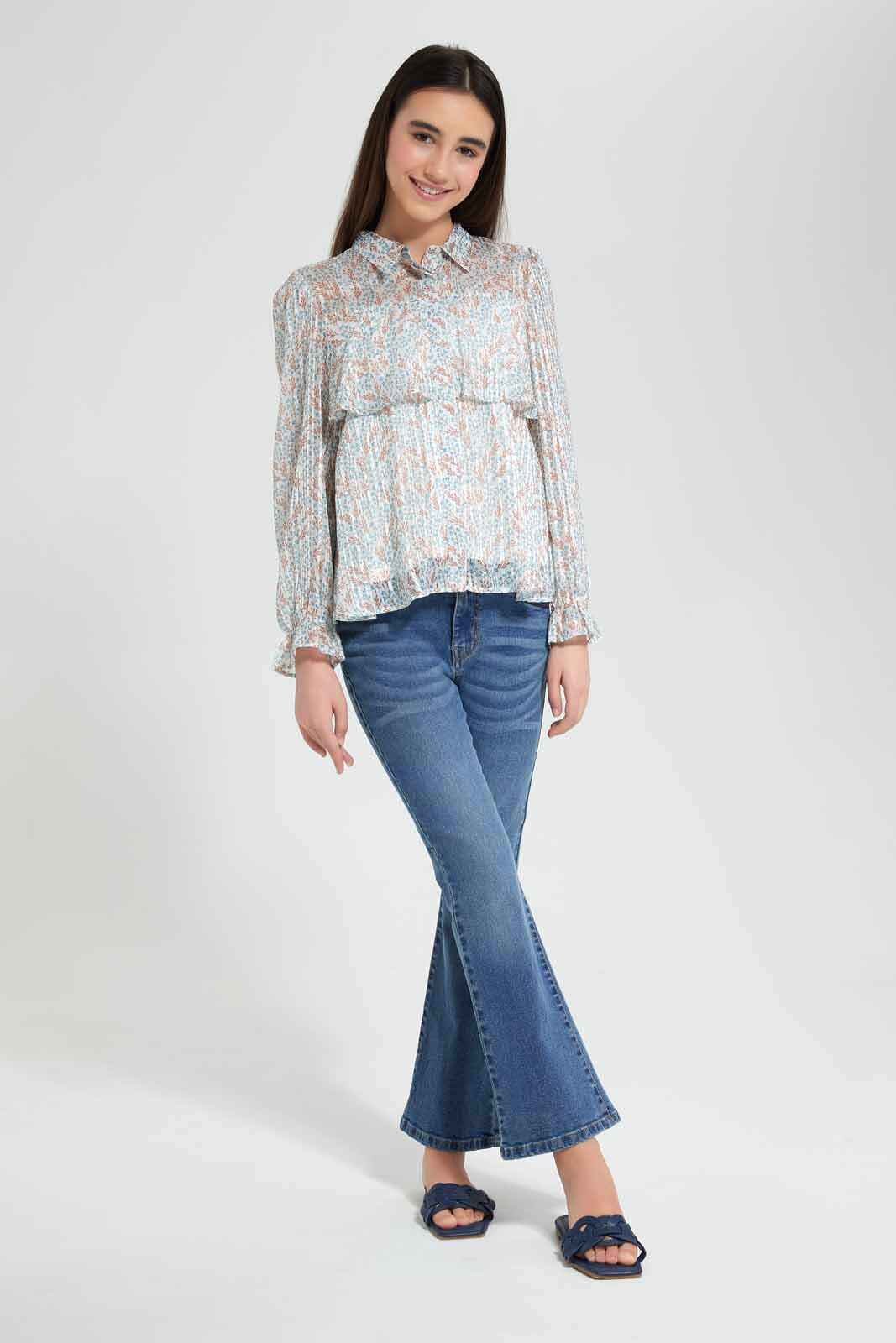Redtag-Lt.-Blue-Ditsy-Print-Lurex-Ruffled-Blouse-Category:Blouses,-Colour:Assorted,-Deals:New-In,-Festive,-Filter:Senior-Girls-(9-to-14-Yrs),-GSR-Blouses,-New-In-GSR-APL,-Non-Sale,-Section:Girls-(0-to-14Yrs),-W22O-Senior-Girls-9 to 14 Years