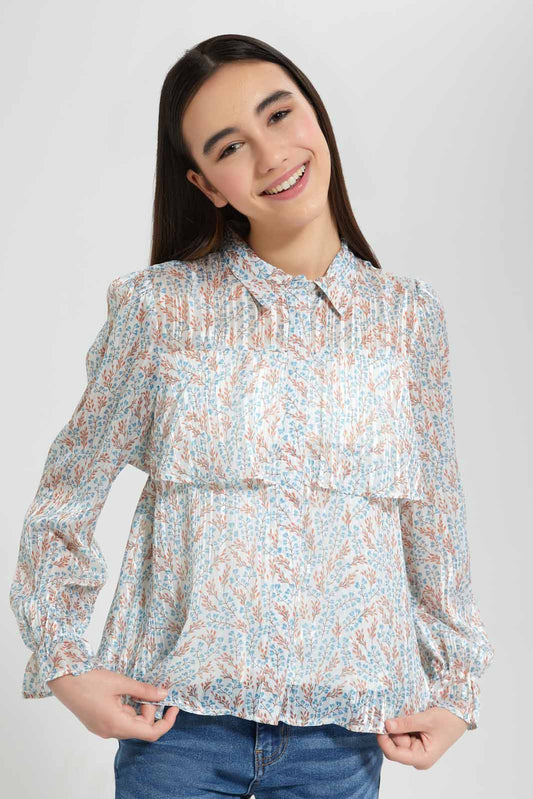 Redtag-Lt.-Blue-Ditsy-Print-Lurex-Ruffled-Blouse-Category:Blouses,-Colour:Assorted,-Deals:New-In,-Festive,-Filter:Senior-Girls-(9-to-14-Yrs),-GSR-Blouses,-New-In-GSR-APL,-Non-Sale,-Section:Girls-(0-to-14Yrs),-W22O-Senior-Girls-9 to 14 Years