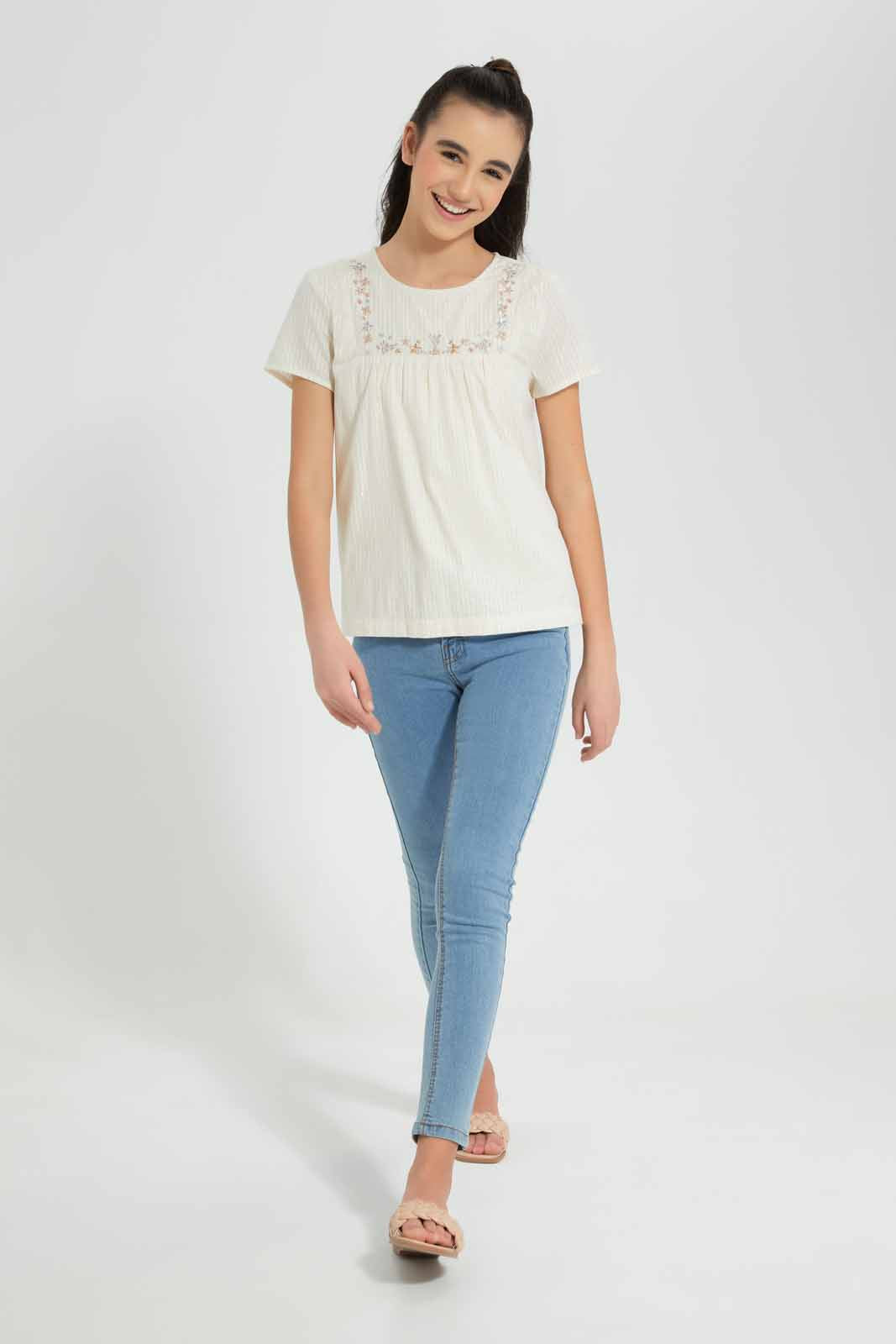 Redtag-White/Gold-Embroidered-Lurex-Blouse-Category:Blouses,-Colour:Assorted,-Deals:New-In,-Festive,-Filter:Senior-Girls-(9-to-14-Yrs),-GSR-Blouses,-New-In-GSR-APL,-Non-Sale,-Section:Girls-(0-to-14Yrs),-W22O-Senior-Girls-9 to 14 Years