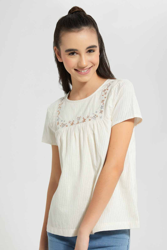 Redtag-White/Gold-Embroidered-Lurex-Blouse-Category:Blouses,-Colour:Assorted,-Deals:New-In,-Festive,-Filter:Senior-Girls-(9-to-14-Yrs),-GSR-Blouses,-New-In-GSR-APL,-Non-Sale,-Section:Girls-(0-to-14Yrs),-W22O-Senior-Girls-9 to 14 Years