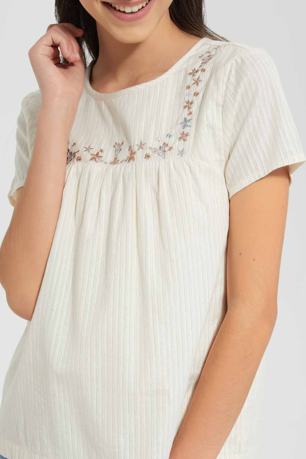 Redtag-White/Gold-Embroidered-Lurex-Blouse-Category:Blouses,-Colour:Assorted,-Deals:New-In,-Festive,-Filter:Senior-Girls-(9-to-14-Yrs),-GSR-Blouses,-New-In-GSR-APL,-Non-Sale,-Section:Girls-(0-to-14Yrs),-W22O-Senior-Girls-9 to 14 Years