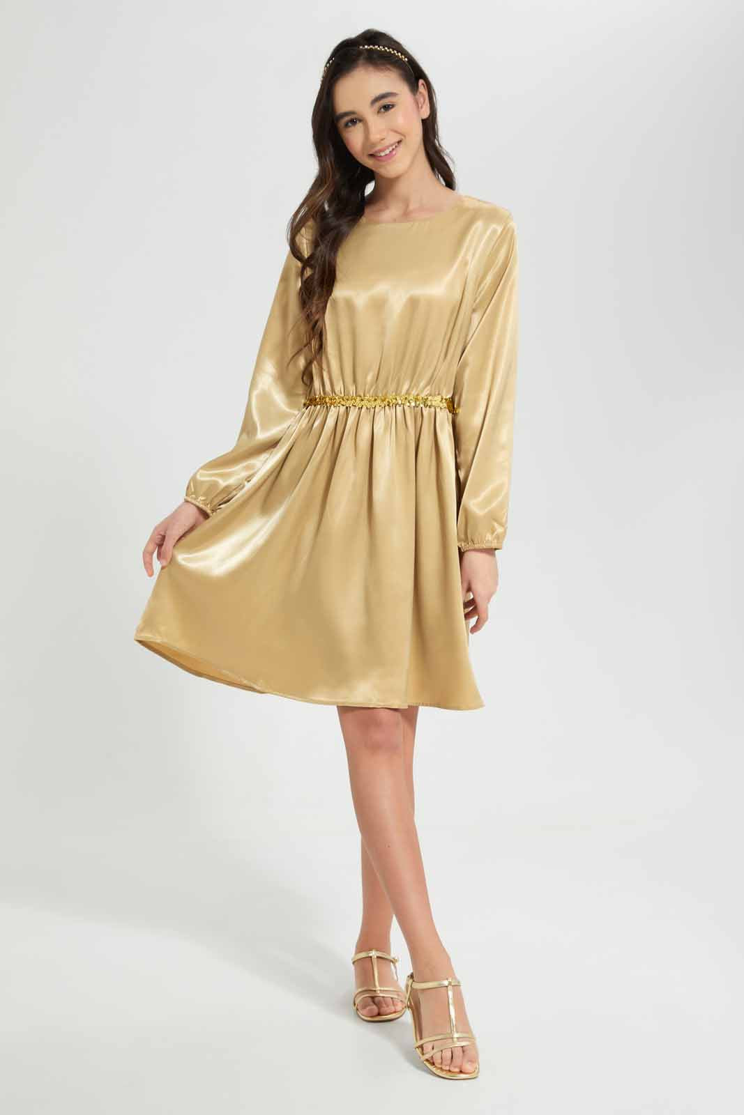 Redtag-Beige-Sateen-Dress-Category:Dresses,-Colour:Beige,-Deals:New-In,-Festive,-Filter:Senior-Girls-(9-to-14-Yrs),-GSR-Dresses,-New-In-GSR-APL,-Non-Sale,-Section:Girls-(0-to-14Yrs),-W22O-Senior-Girls-9 to 14 Years