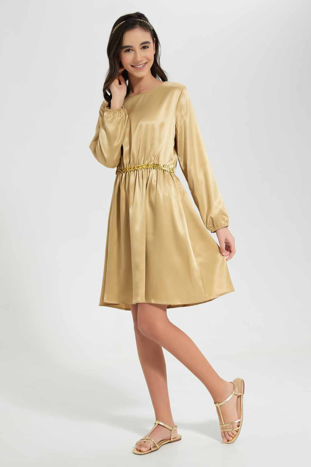Redtag-Beige-Sateen-Dress-Category:Dresses,-Colour:Beige,-Deals:New-In,-Festive,-Filter:Senior-Girls-(9-to-14-Yrs),-GSR-Dresses,-New-In-GSR-APL,-Non-Sale,-Section:Girls-(0-to-14Yrs),-W22O-Senior-Girls-9 to 14 Years
