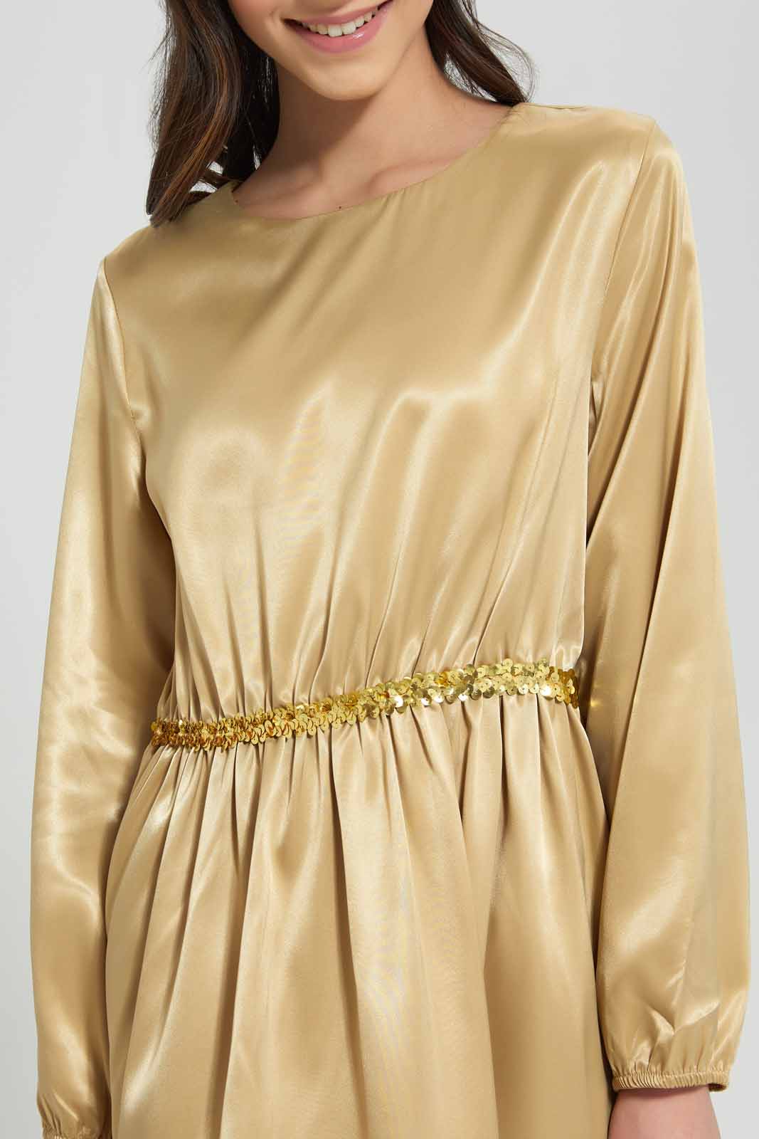 Redtag-Beige-Sateen-Dress-Category:Dresses,-Colour:Beige,-Deals:New-In,-Festive,-Filter:Senior-Girls-(9-to-14-Yrs),-GSR-Dresses,-New-In-GSR-APL,-Non-Sale,-Section:Girls-(0-to-14Yrs),-W22O-Senior-Girls-9 to 14 Years