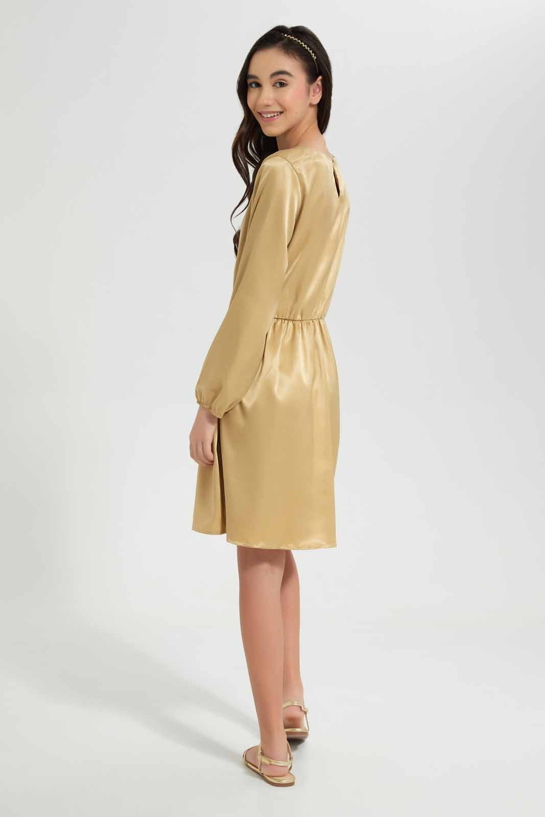 Redtag-Beige-Sateen-Dress-Category:Dresses,-Colour:Beige,-Deals:New-In,-Festive,-Filter:Senior-Girls-(9-to-14-Yrs),-GSR-Dresses,-New-In-GSR-APL,-Non-Sale,-Section:Girls-(0-to-14Yrs),-W22O-Senior-Girls-9 to 14 Years