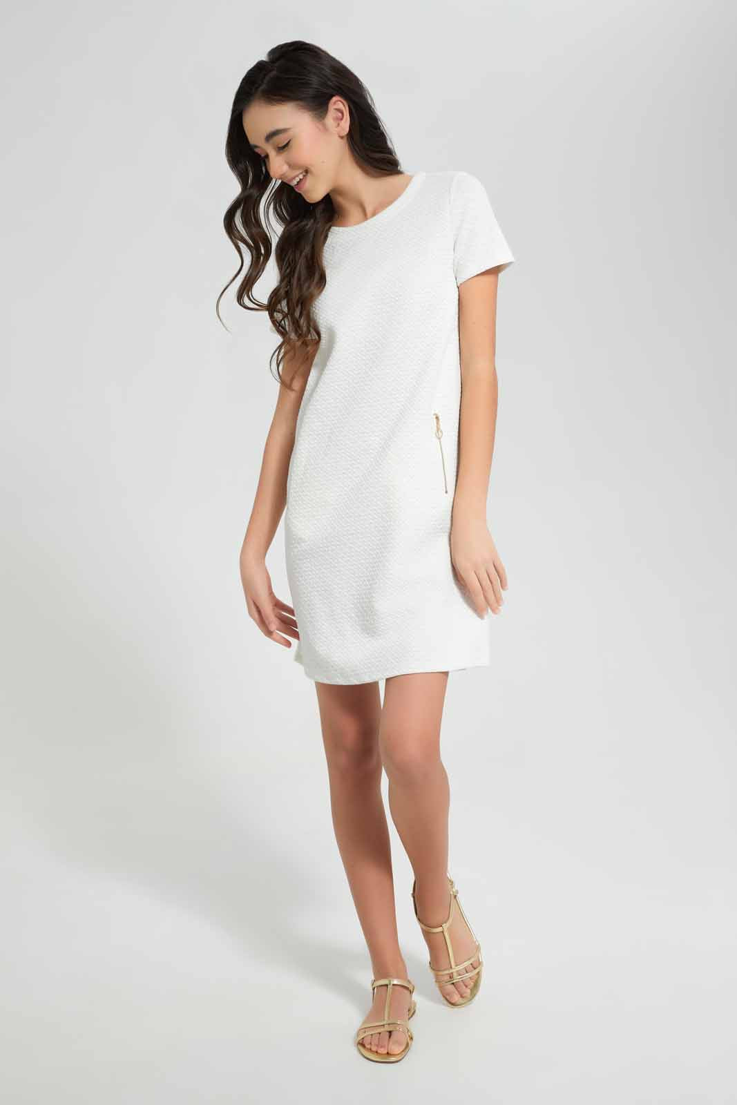 Redtag-White/Gold-Jacquard-Dress-Category:Dresses,-Colour:White,-Deals:New-In,-Festive,-Filter:Senior-Girls-(9-to-14-Yrs),-GSR-Dresses,-New-In-GSR-APL,-Non-Sale,-Section:Girls-(0-to-14Yrs),-W22O-Senior-Girls-9 to 14 Years