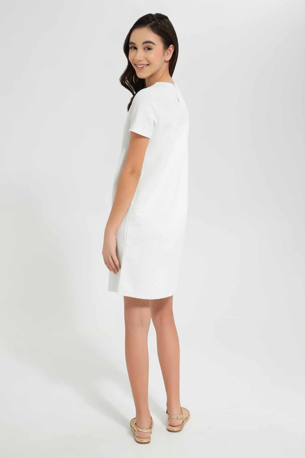 Redtag-White/Gold-Jacquard-Dress-Category:Dresses,-Colour:White,-Deals:New-In,-Festive,-Filter:Senior-Girls-(9-to-14-Yrs),-GSR-Dresses,-New-In-GSR-APL,-Non-Sale,-Section:Girls-(0-to-14Yrs),-W22O-Senior-Girls-9 to 14 Years
