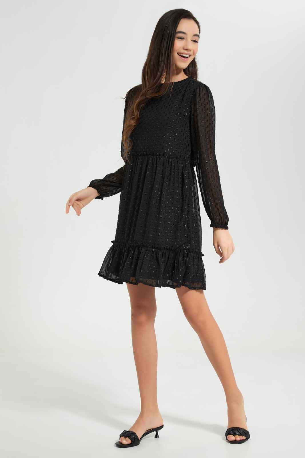Redtag-Black-Dobby-Lurex-Dress-Category:Dresses,-Colour:Black,-Deals:New-In,-Festive,-Filter:Senior-Girls-(9-to-14-Yrs),-GSR-Dresses,-New-In-GSR-APL,-Non-Sale,-Section:Girls-(0-to-14Yrs),-W22O-Senior-Girls-9 to 14 Years