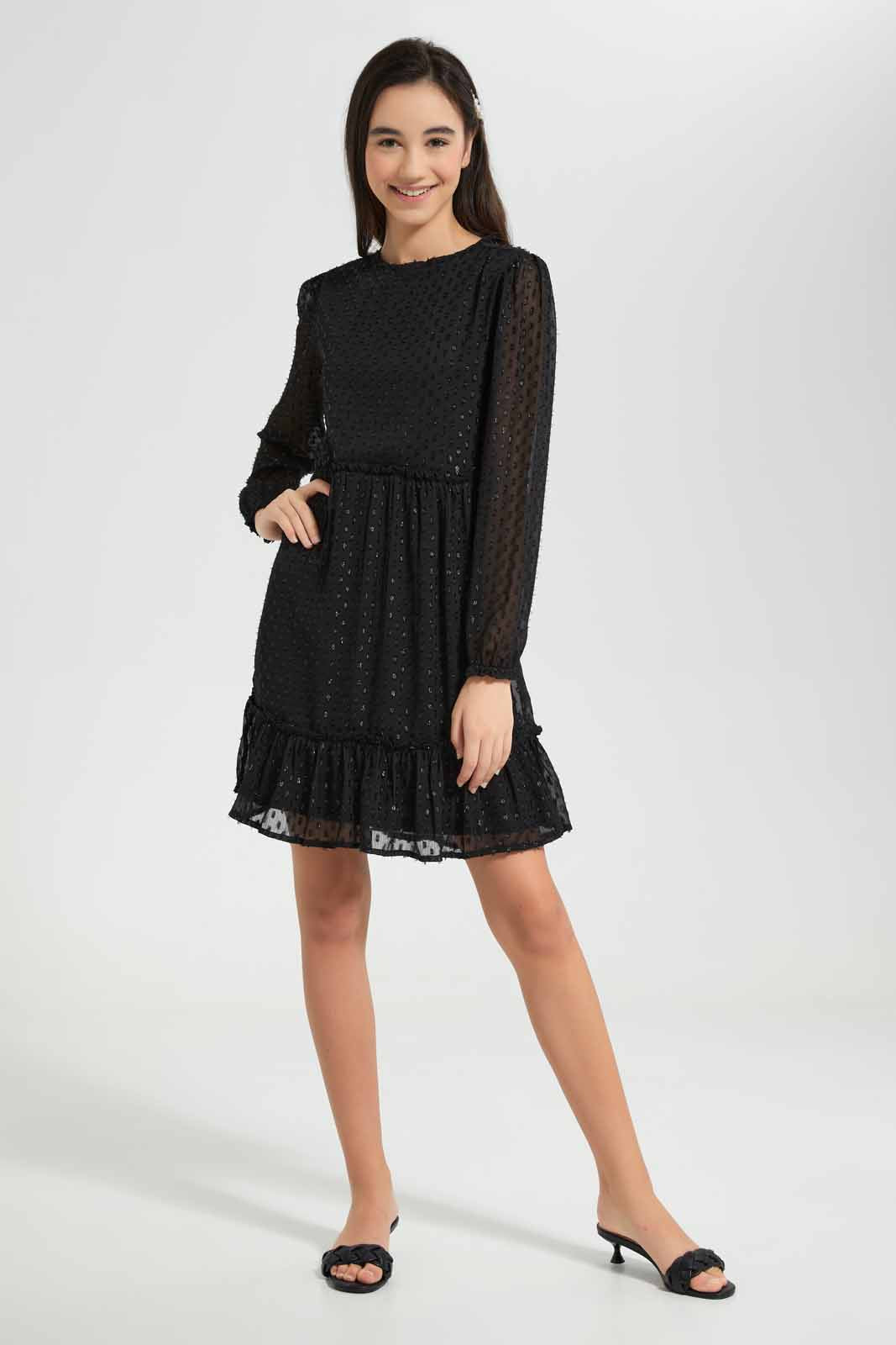 Redtag-Black-Dobby-Lurex-Dress-Category:Dresses,-Colour:Black,-Deals:New-In,-Festive,-Filter:Senior-Girls-(9-to-14-Yrs),-GSR-Dresses,-New-In-GSR-APL,-Non-Sale,-Section:Girls-(0-to-14Yrs),-W22O-Senior-Girls-9 to 14 Years