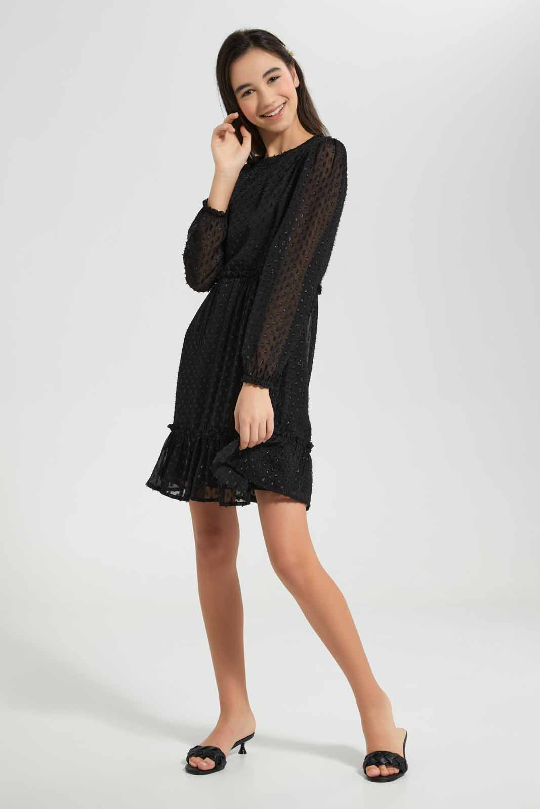 Redtag-Black-Dobby-Lurex-Dress-Category:Dresses,-Colour:Black,-Deals:New-In,-Festive,-Filter:Senior-Girls-(9-to-14-Yrs),-GSR-Dresses,-New-In-GSR-APL,-Non-Sale,-Section:Girls-(0-to-14Yrs),-W22O-Senior-Girls-9 to 14 Years