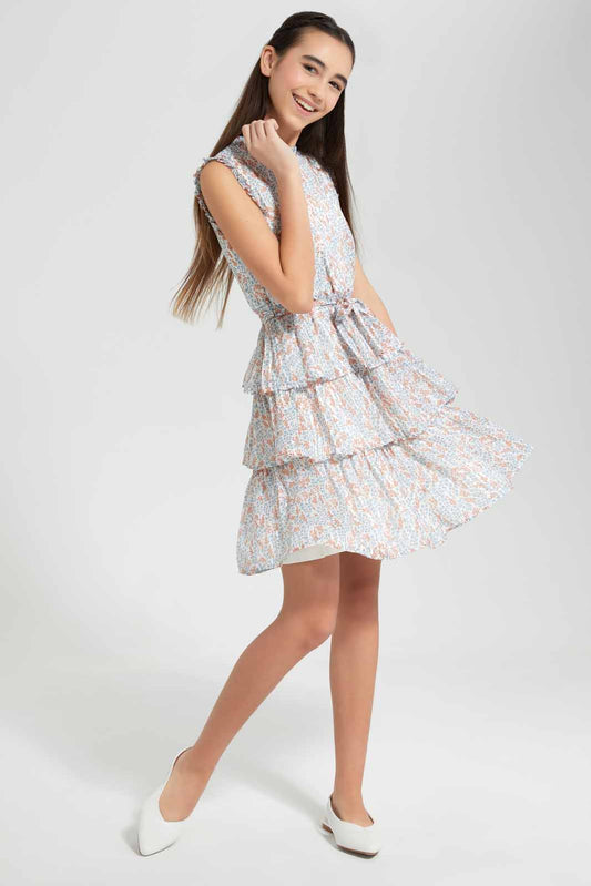 Redtag-Lt-Blue-Ditsy-Print-Lurex-Layered-Dress-Category:Dresses,-Colour:Assorted,-Deals:New-In,-Festive,-Filter:Senior-Girls-(9-to-14-Yrs),-GSR-Dresses,-New-In-GSR-APL,-Non-Sale,-Section:Girls-(0-to-14Yrs),-W22O-Senior-Girls-9 to 14 Years
