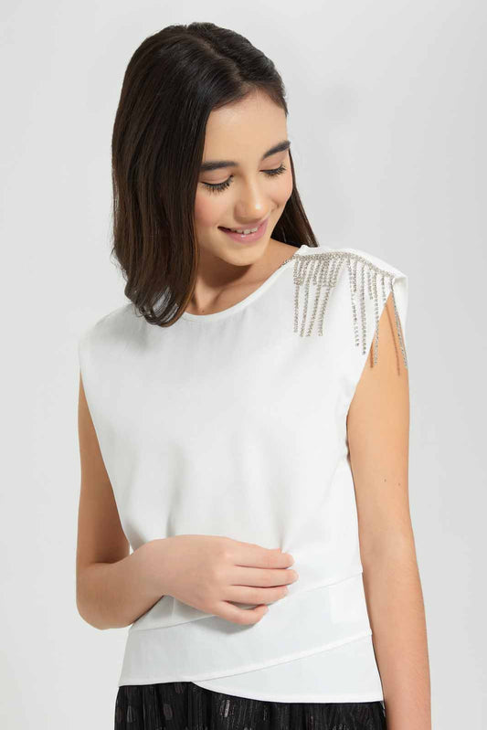 Redtag-White-Overlay-Top-With-Studs-Category:Blouses,-Colour:White,-Deals:New-In,-Festive,-Filter:Senior-Girls-(9-to-14-Yrs),-GSR-Blouses,-New-In-GSR-APL,-Non-Sale,-Section:Girls-(0-to-14Yrs),-W22O-Senior-Girls-9 to 14 Years