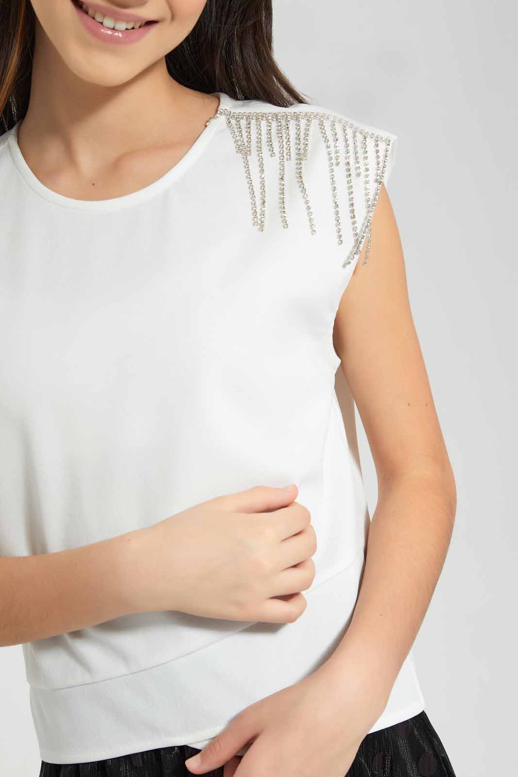 Redtag-White-Overlay-Top-With-Studs-Category:Blouses,-Colour:White,-Deals:New-In,-Festive,-Filter:Senior-Girls-(9-to-14-Yrs),-GSR-Blouses,-New-In-GSR-APL,-Non-Sale,-Section:Girls-(0-to-14Yrs),-W22O-Senior-Girls-9 to 14 Years