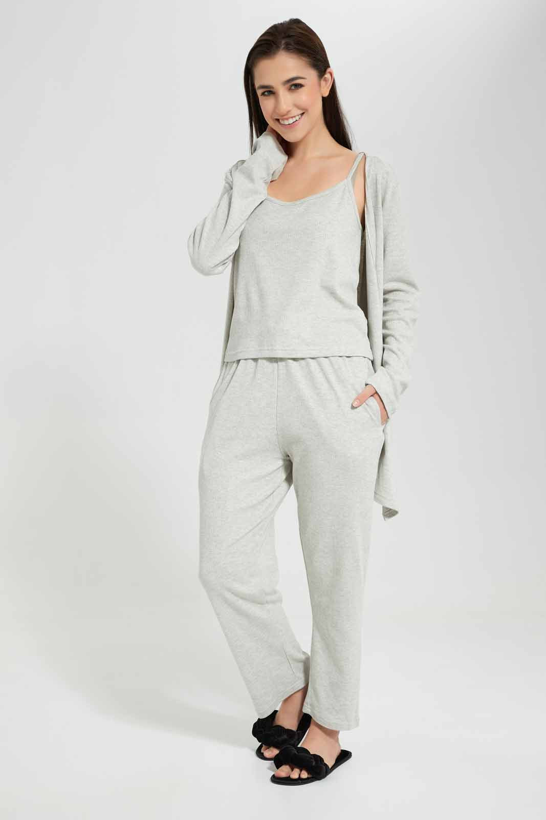 Redtag-Ecru-Plain-Strappy-Pyjama-Set-With-Robe-Category:Pyjama-Sets,-Colour:Ecru,-Deals:New-In,-Filter:Women's-Clothing,-New-In-Women,-Non-Sale,-S22D,-Section:Women,-Women-Pyjama-Sets--
