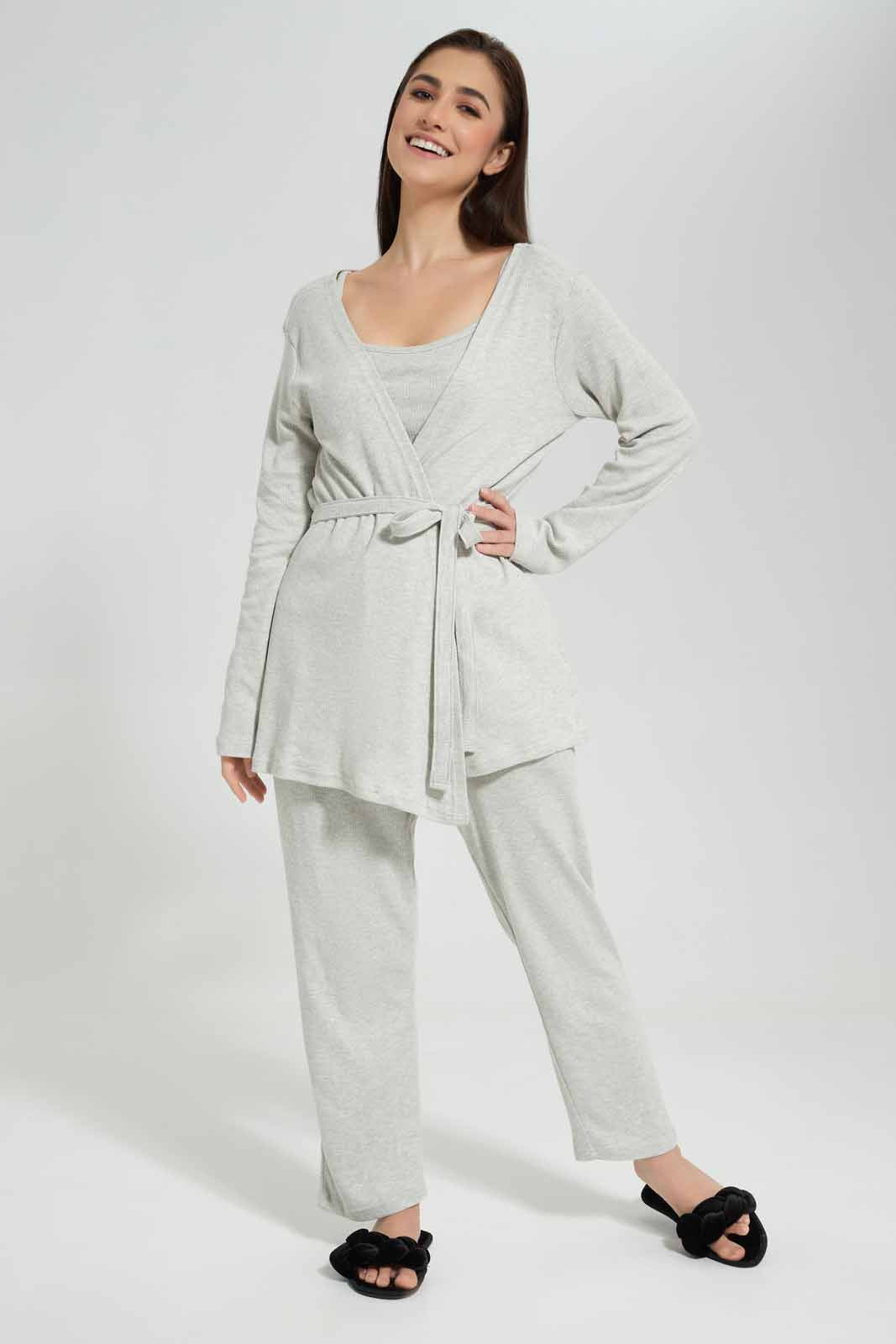 Redtag-Ecru-Plain-Strappy-Pyjama-Set-With-Robe-Category:Pyjama-Sets,-Colour:Ecru,-Deals:New-In,-Filter:Women's-Clothing,-New-In-Women,-Non-Sale,-S22D,-Section:Women,-Women-Pyjama-Sets--
