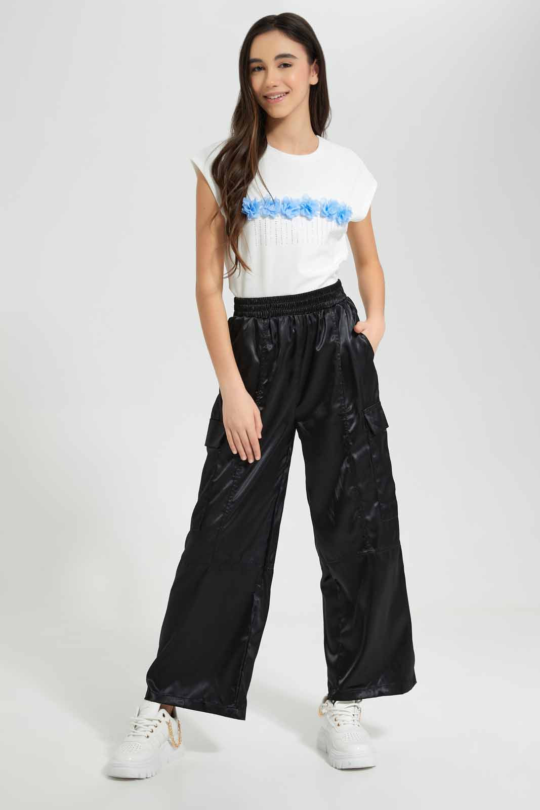 Redtag-Black-Shinny-Cargo-Pant-Category:Trousers,-Colour:Black,-Deals:New-In,-Festive,-Filter:Senior-Girls-(9-to-14-Yrs),-GSR-Trousers,-New-In-GSR-APL,-Non-Sale,-Section:Girls-(0-to-14Yrs),-W22O-Senior-Girls-9 to 14 Years